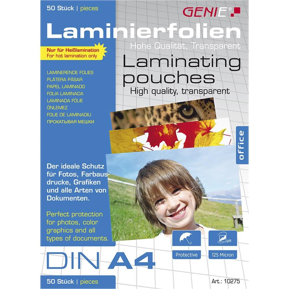 GENIE Laminierfolie A4 Heißlaminierhüllen 125 Mikron, A4, 50 Stück, Heißlamination, 125 µm, zuschneidbar