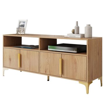 WISHDOR TV-Schrank Holz-TV-Ständer, 4-türiger TV-Schrank mit 2 offenen Fächern (für Wohnzimmer, für Fernseher bis zu 65 Zoll, 147 x 40 x 64 cm (L/B/H)