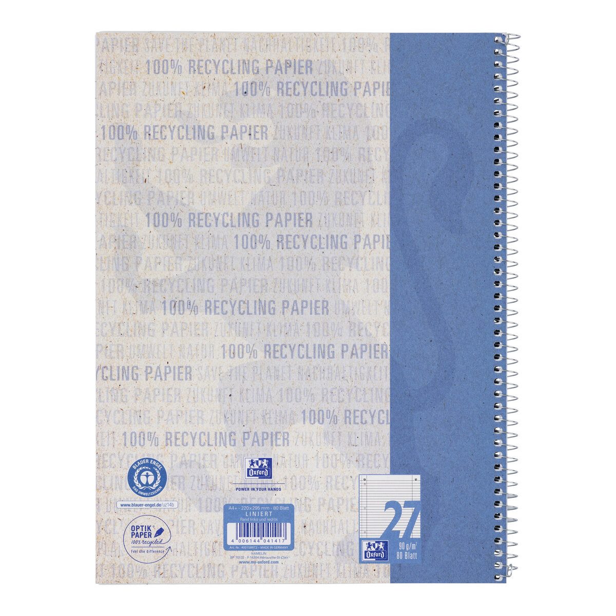 OXFORD Notenblock Collegeblock Recycling LIN 27 - A4+ 80 Blatt liniert Rand links/rechts
