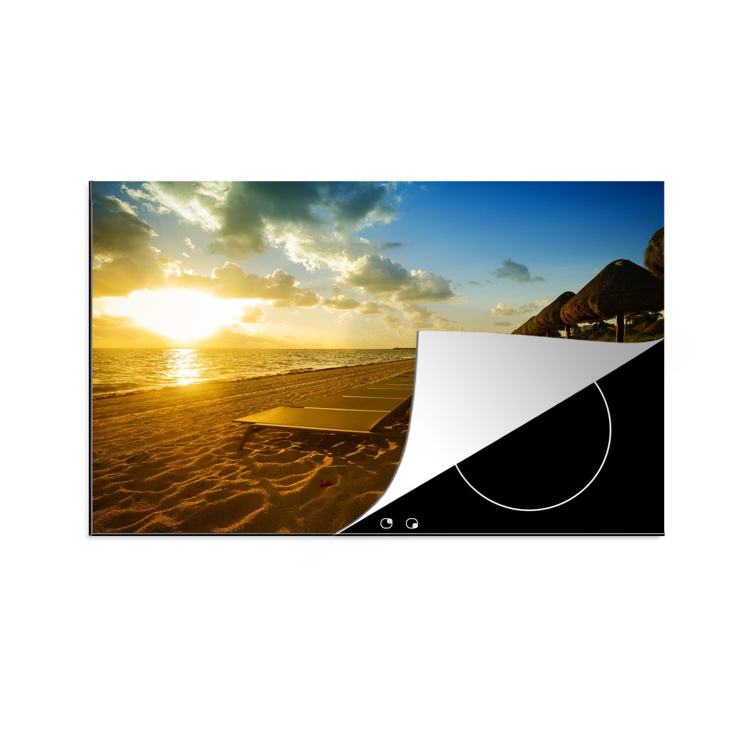 MuchoWow Herdblende-/Abdeckplatte Sonnenuntergang am Strand von Cancun in Mexiko, Vinyl, (1 tlg), 81x52 cm, Induktionskochfeld Schutz für die küche, Ceranfeldabdeckung