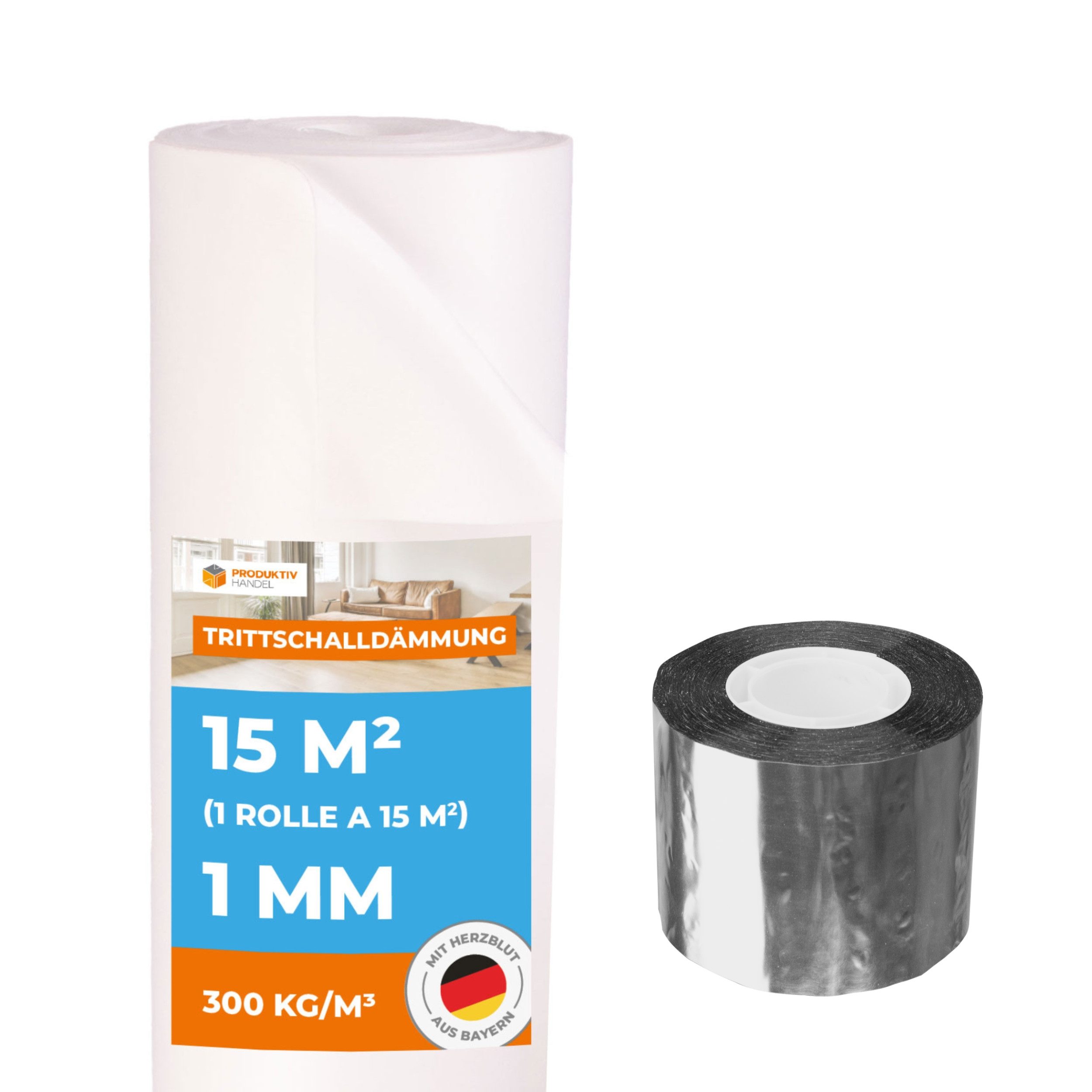 Produktiv Handel Trittschalldämmfolie Trittschalldämmung Vinyl 1 mm, 1 mm Stärke, für Vinyl, (15 m), für Fußbodenheizung geeignet, inkl. 1x Alu-PP-Klebeband