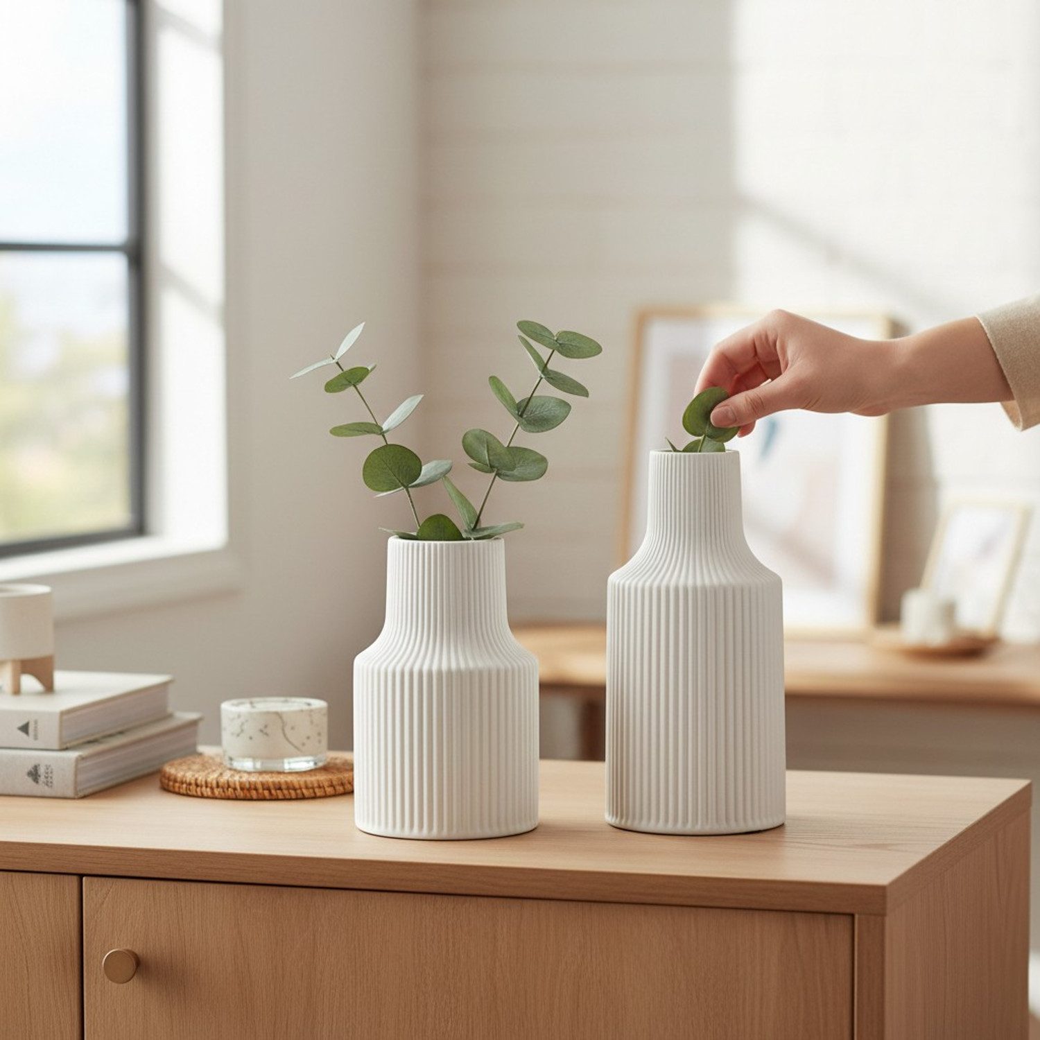 Macosa Home Dekovase Dekovase Weiß Keramik Rillen 14 cm od. 19 cm (Rillenvase, modern Vase Tischvase Tischdeko), rund Keramikvase Blumenvase