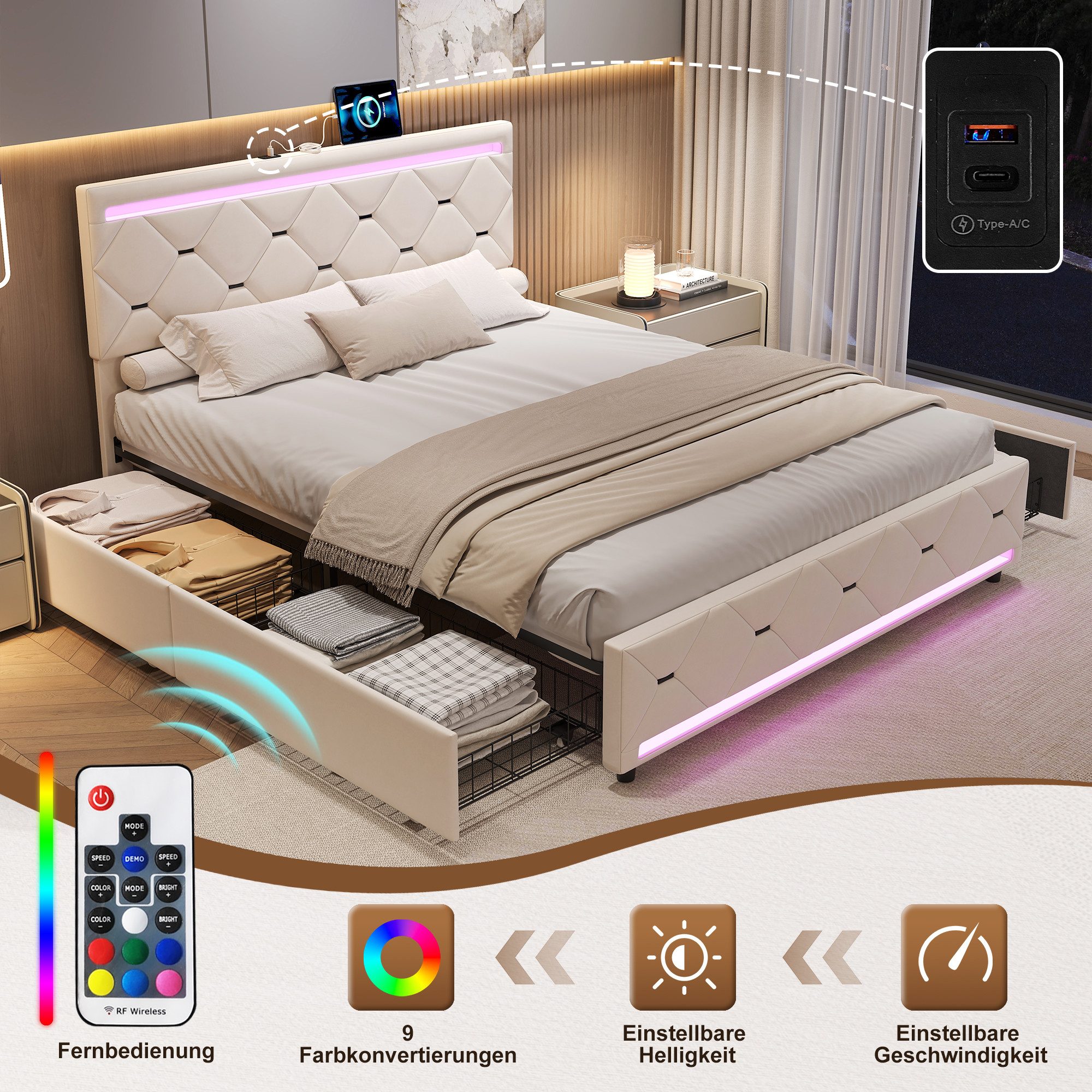 FUROKOY Stauraumbett Doppelbett Polsterbett mit 4 günstig online kaufen