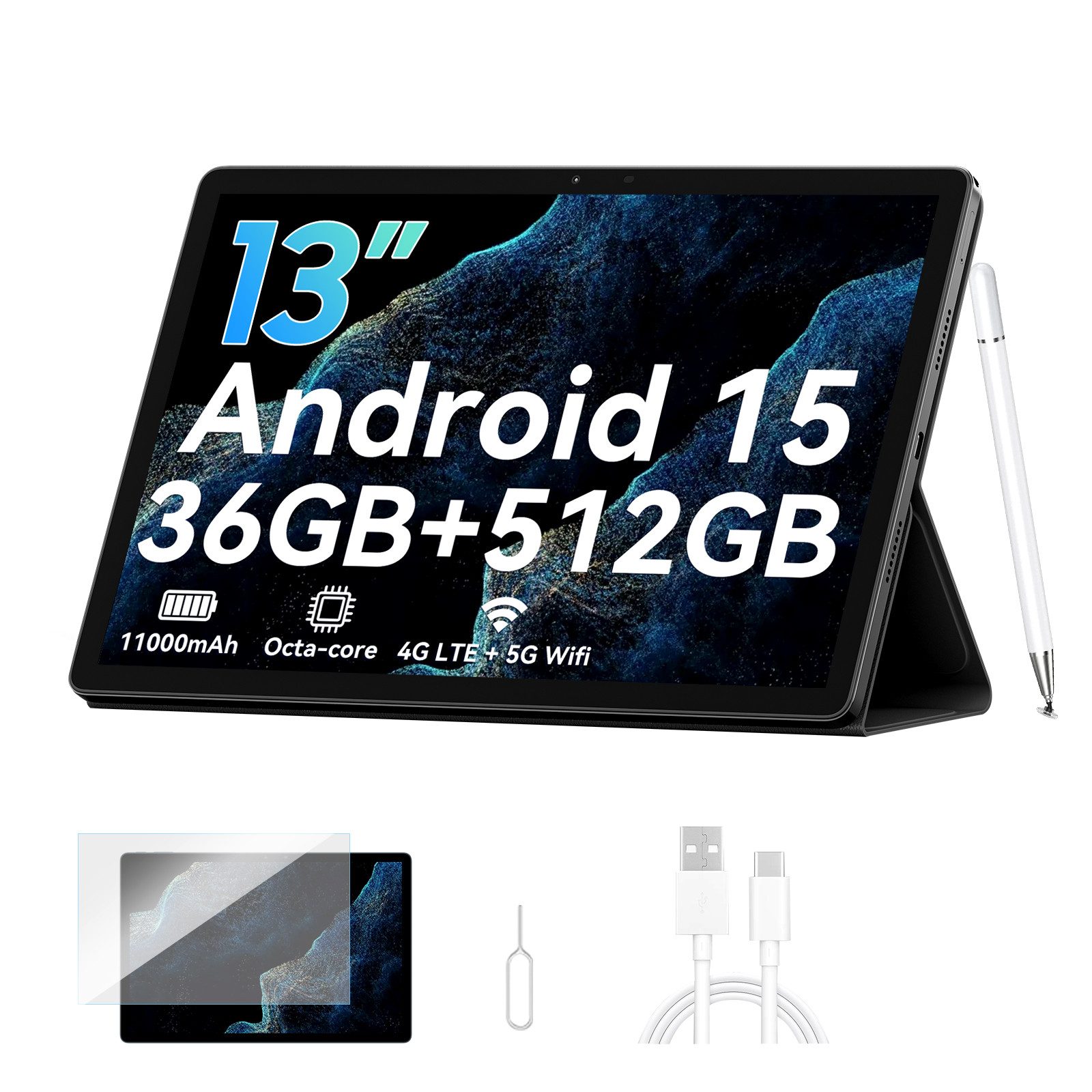 blackview Mega8 13' 4G LTE 512GB incl. Stift/Hülle Tablet (13", 512 GB, 4G(LTE), 13 zoll, Android 15, 50MP, 11000mAh, 4G LTE, T620, 512GB)