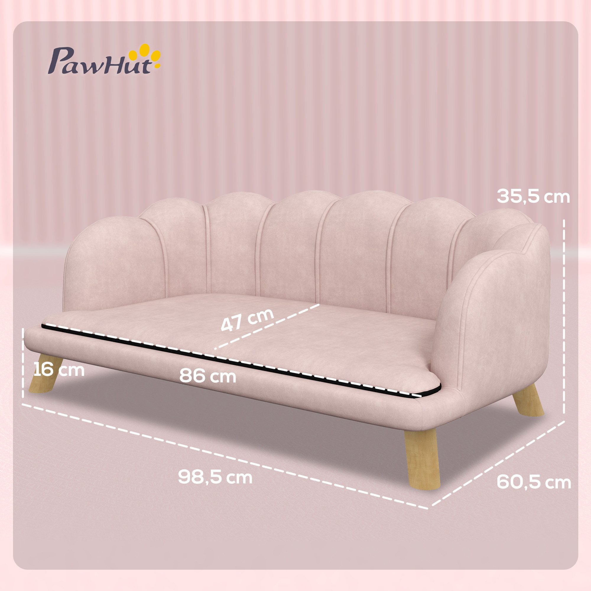 PawHut Tierbett Waschbarer Bezug, Haustiersofa mit Rückenlehne und Holzbeine, Polyester, für mittelgroße Hunde unter 25 kg, Rosa