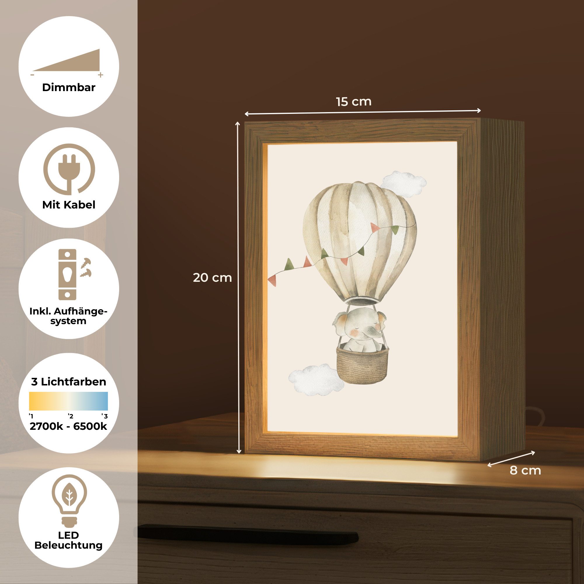 OnlyWow Nachttischlampe Lightbox Heißluftballon - Elefant - Aquarell - Beige - Tiere - Mädchen, Dimmbar, Farbwechsel, LED, Warmweiß, Kaltweiß, Neutralweiß Einstellbar, Kinderzimmer, Babyzimmer, Dimmbar, mit Kabel, Nachtlampe, LED