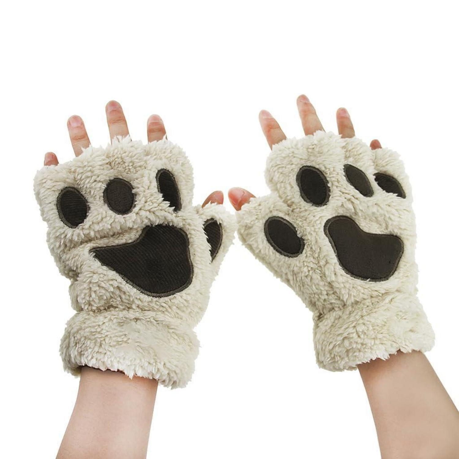 LuxusKollektion Fäustlinge Handschuhe Damen Katze Claw Plüsch Halbfinger Beige (1-St)