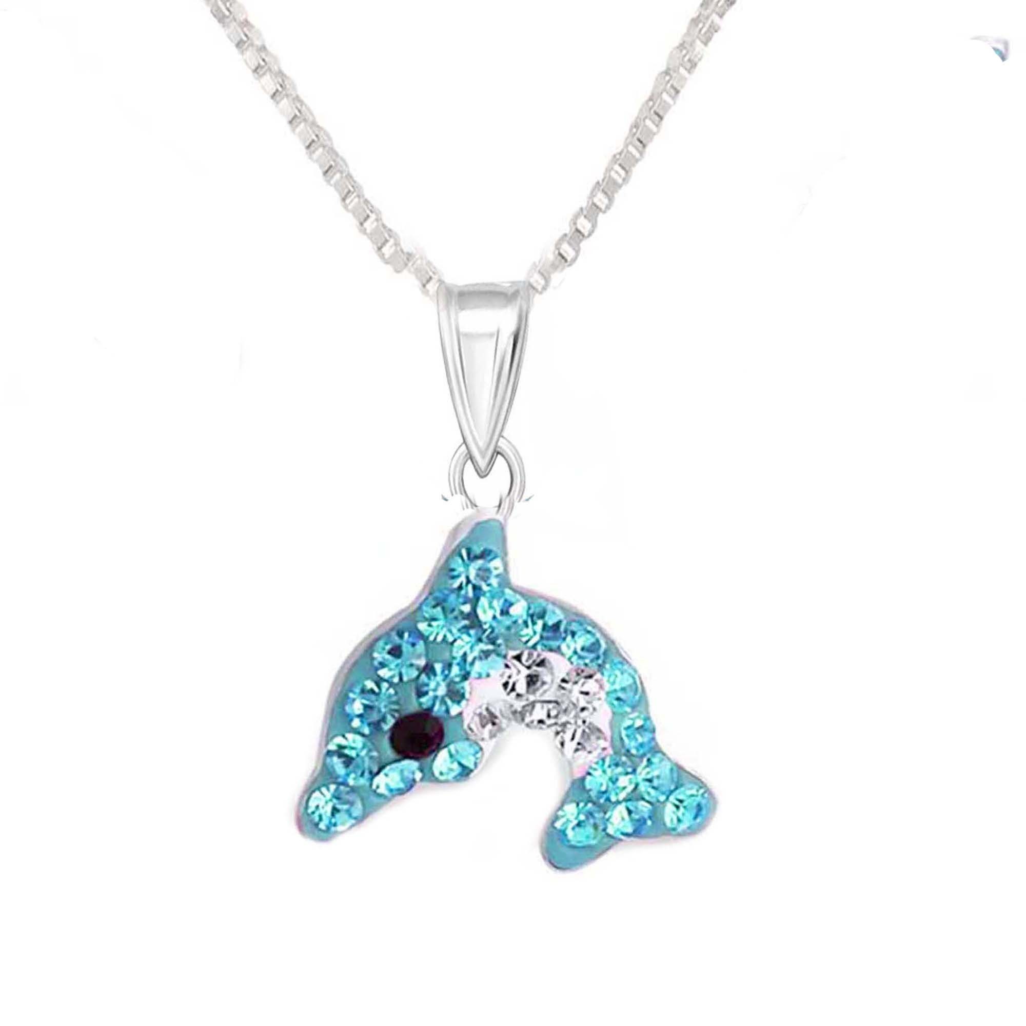 schmuck23 Kettenanhänger Anhänger Kette Delfin 925 Silber Kristalle Kinder Mädchen (Halskette mit Anhänger), Silberanhänger Kettenanhänger Kinderschmuck Halskette