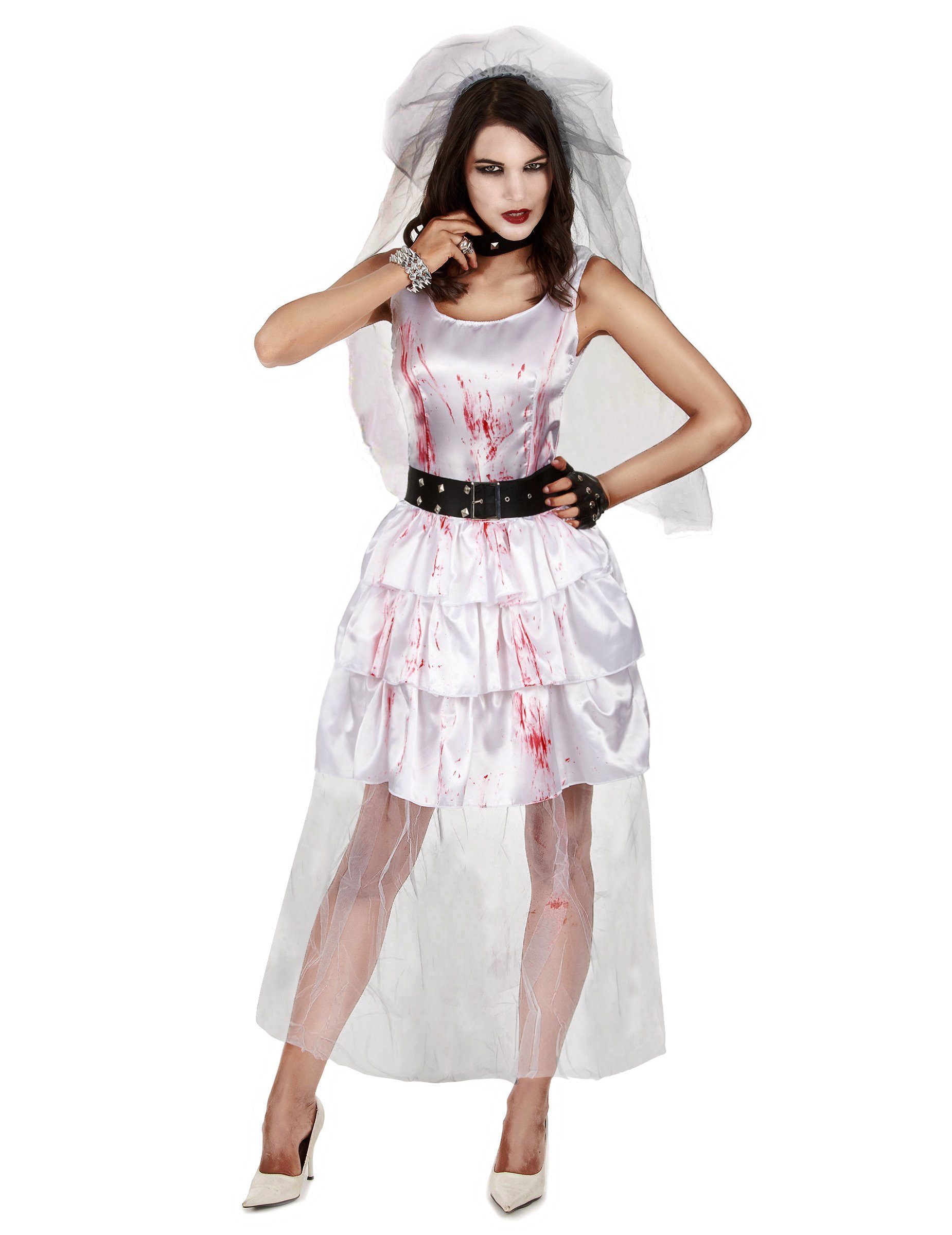 Zombie-Kostüm Zombiebraut Halloween Damenkostüm weiss-rot