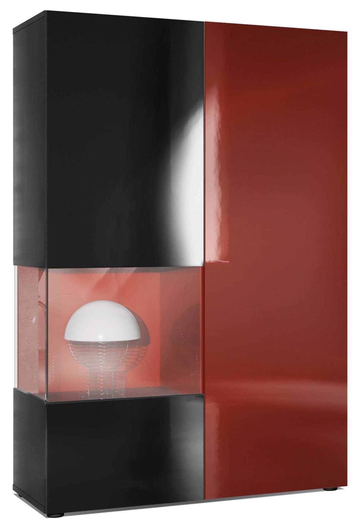 Vladon Standvitrine Morena (Standvitrine, mit 2 Türen dahinter ingesamt 7 Fächer) Schwarz matt&glänzend/Bordeaux glänzend mit Beleuchtung (92x135x37 cm)