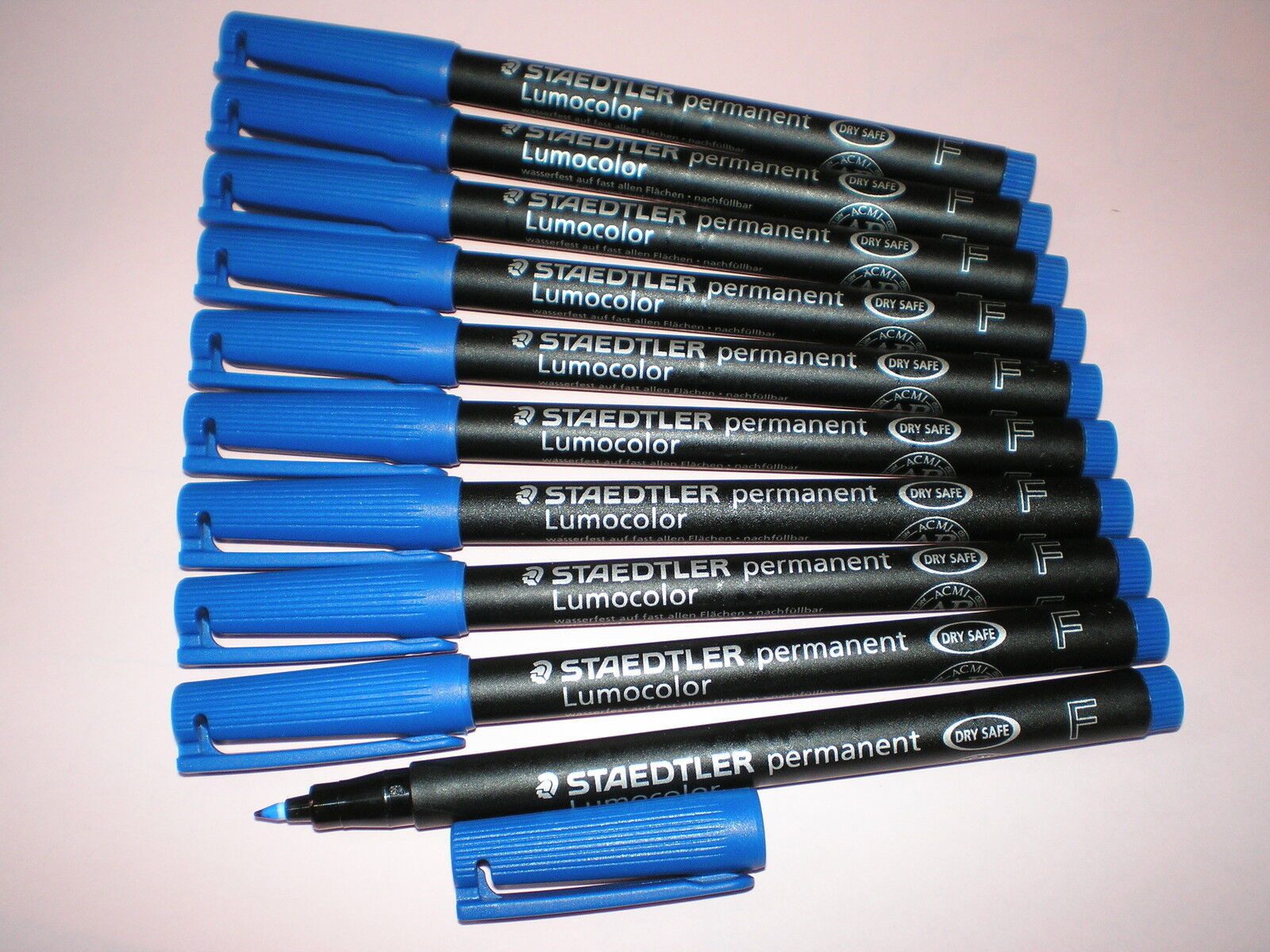 STAEDTLER Folienstift 10 x Folienstift Lumocolor F permanent 318-3 blau OHP Pen Marker, wisch- und wasserfest