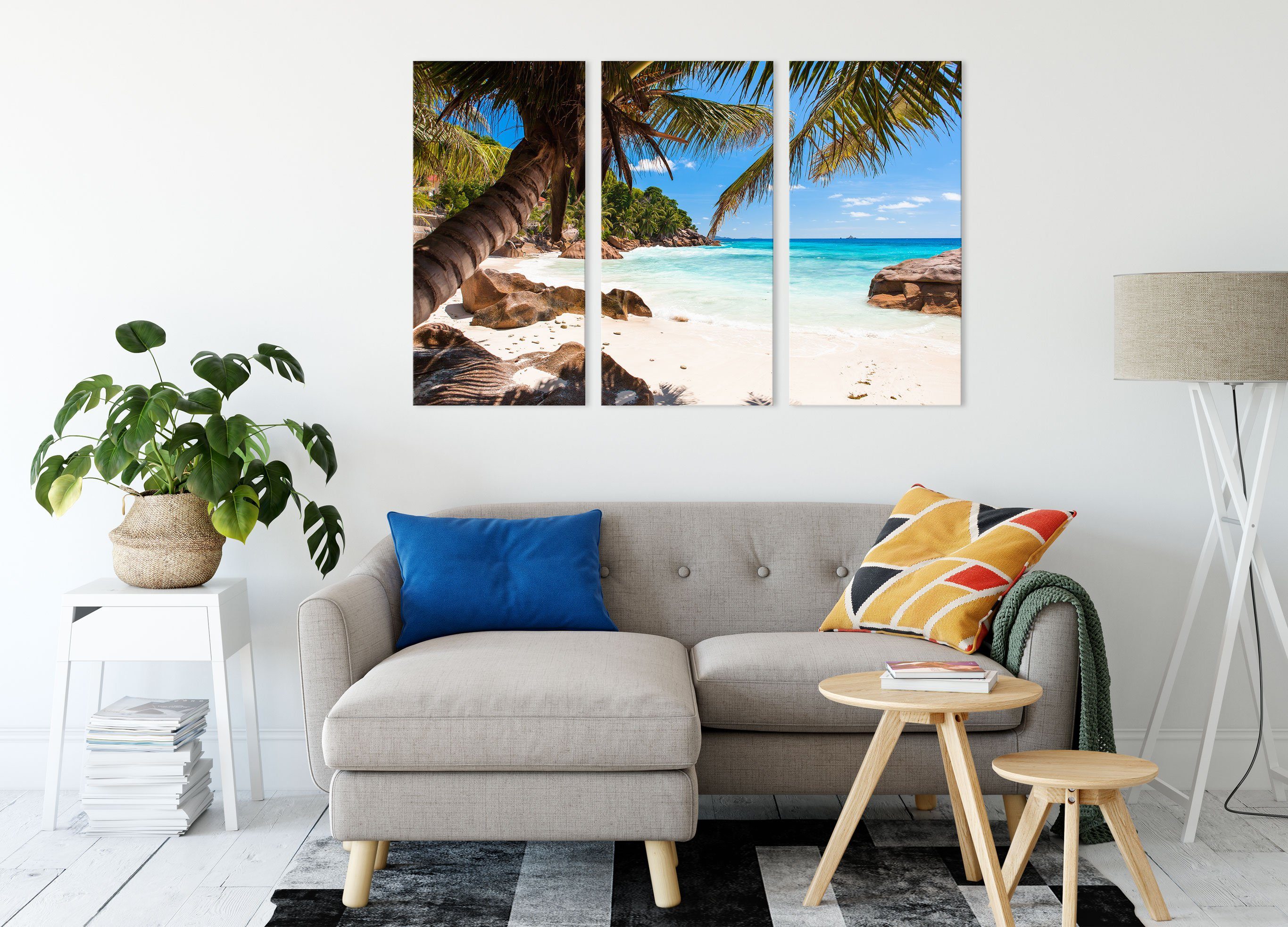 (1 Leinwandbild Seychellen, St), inkl. Zackenaufhänger Leinwandbild Palmenstrand Palmenstrand Pixxprint Seychellen fertig 3Teiler bespannt, (120x80cm)