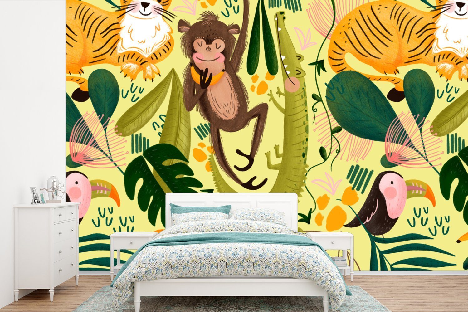 MuchoWow Fototapete Tiere - Dschungel - Gelb, Matt, bedruckt, (6 St), Wallpaper für Wohnzimmer, Schlafzimmer, Kinderzimmer, Vinyl Tapete