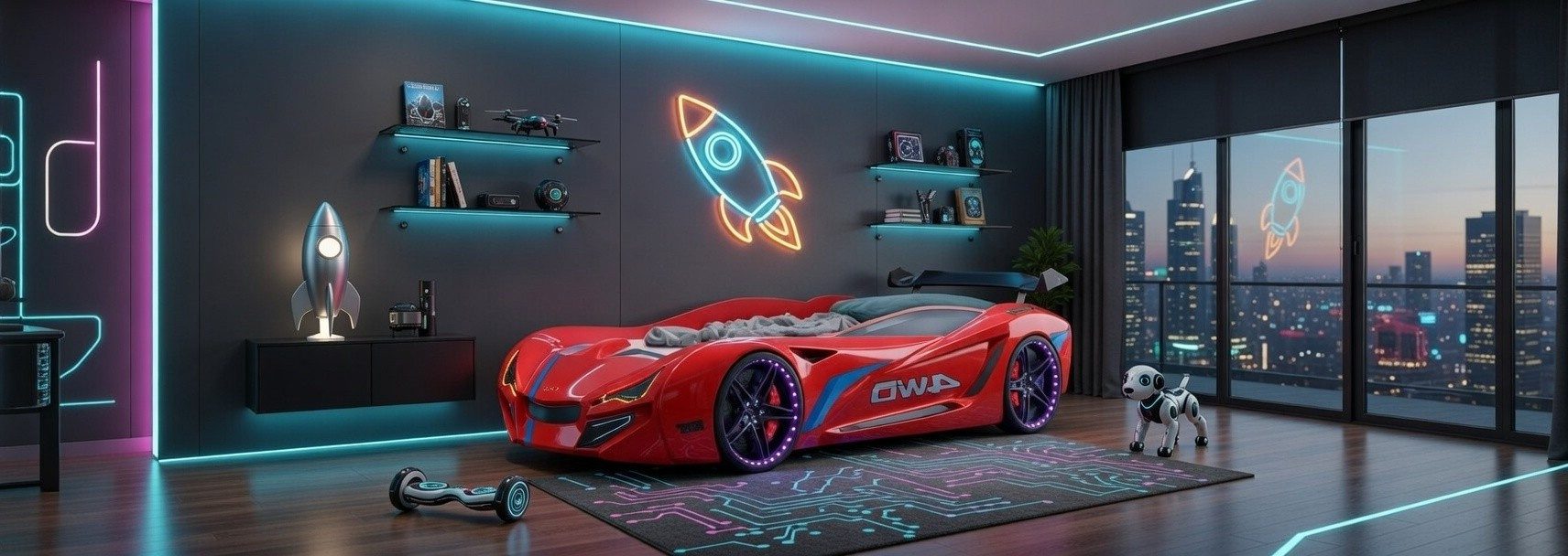 Xlmoebel Autobett Rotes Kinderbett im Rennwagen-Design mit LED-Beleuchtung (Kinderbett, Autobett), Made in Europa