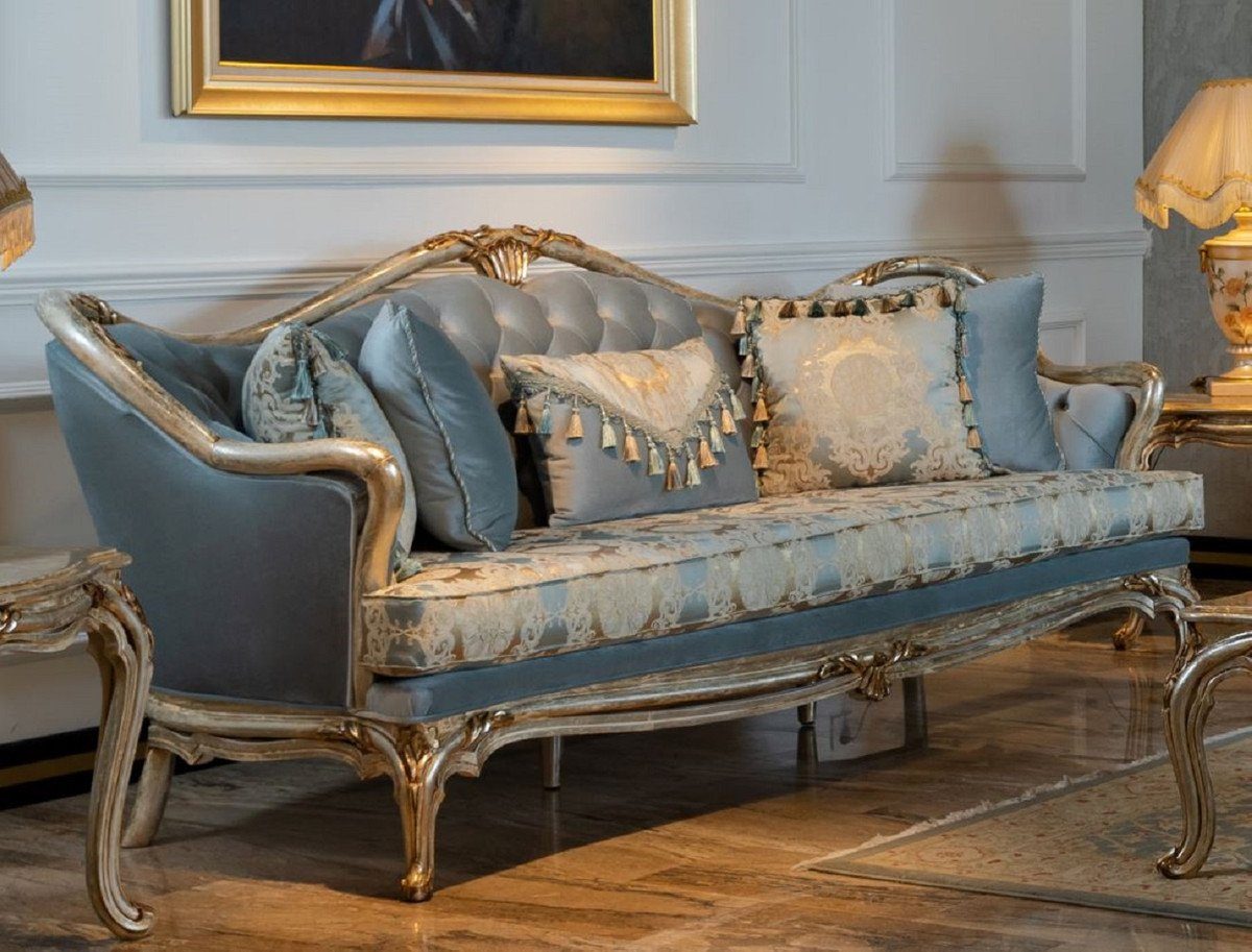 Casa Padrino Sofa Luxus Barock Sofa Hellblau / Silber / Gold - Handgefertigtes Wohnzimmer Sofa im Barockstil - Barock Wohnzimmer Möbel