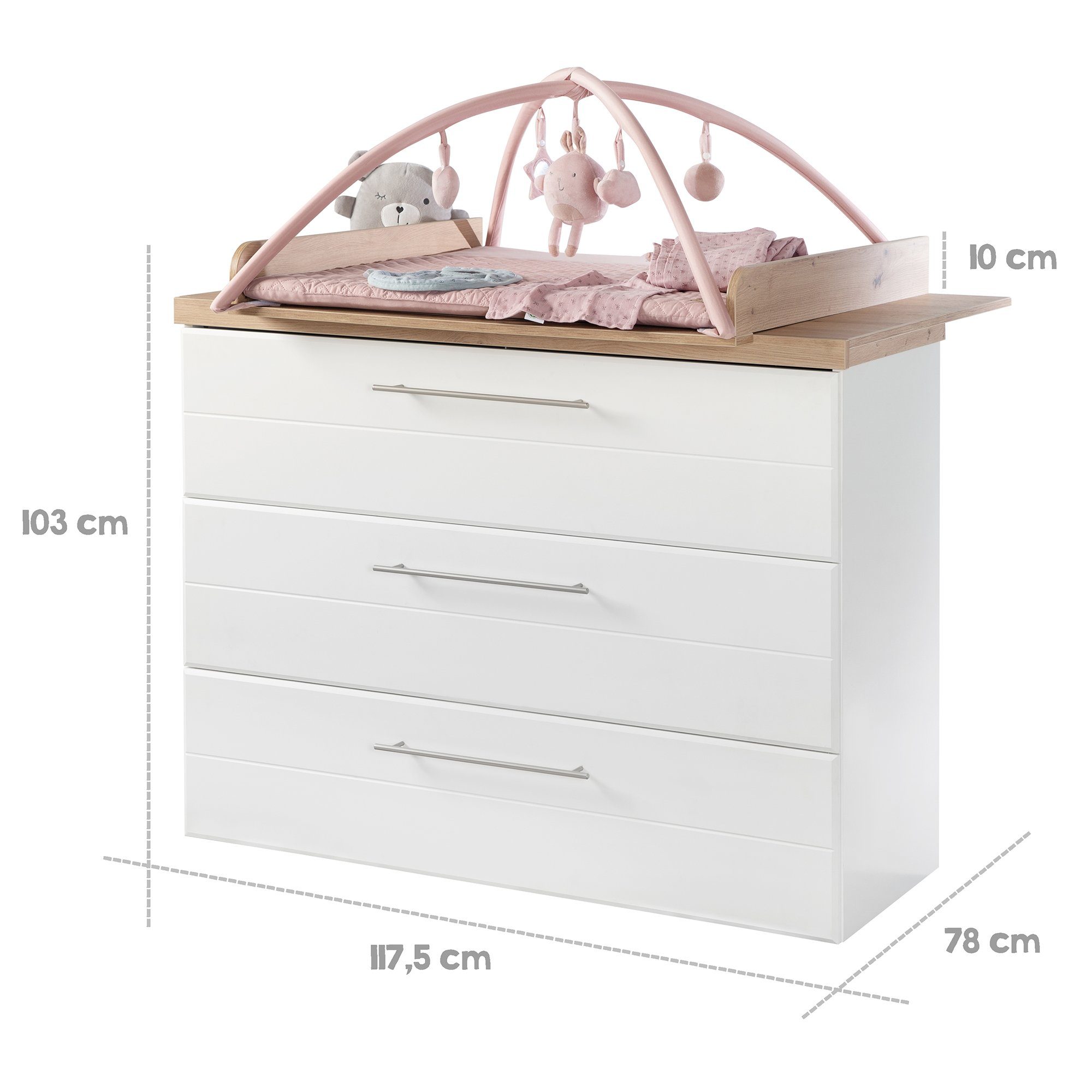 roba® Wickelkommode Nele, Wickeltisch inkl. Wickelaufsatz - 3 Schubladen - Weiß / Holz Dekor