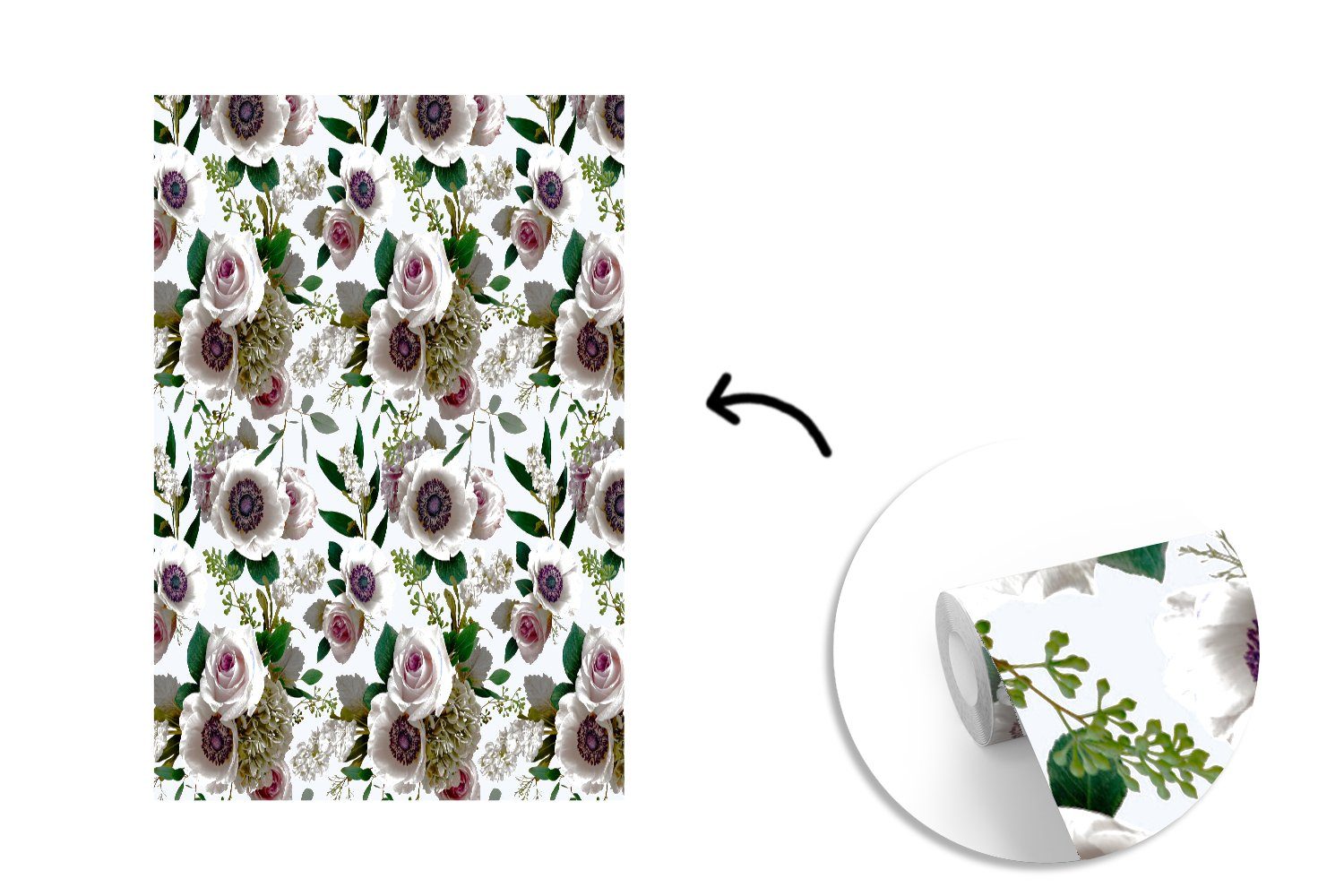 MuchoWow Fototapete Blumen - Rosen Wohnzimmer, Wandtapete Tapete (3 Matt, für Montagefertig bedruckt, St), - Vinyl Blätter