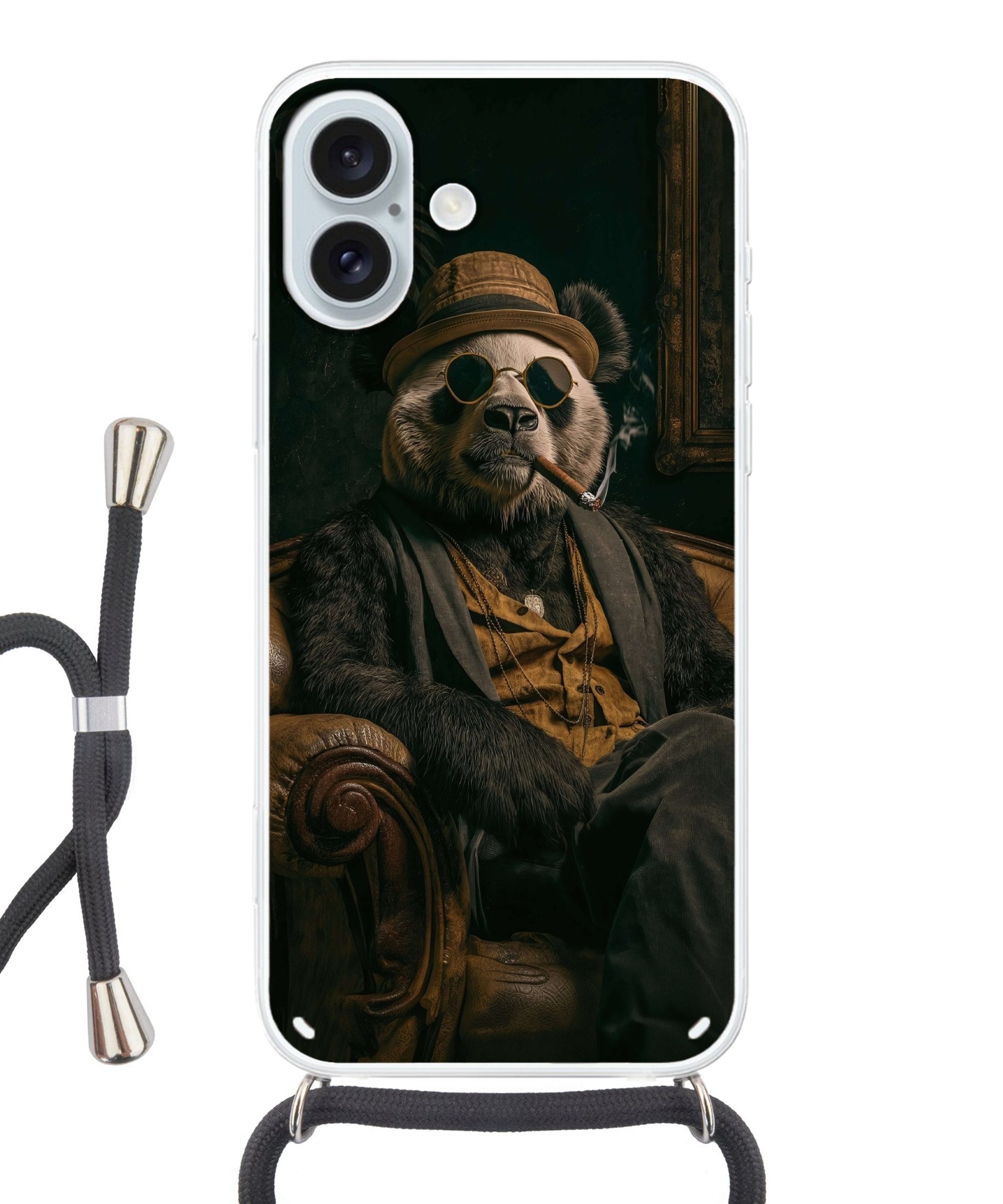 MuchoWow Handyhülle für Apple iPhone 16 Plus Panda - Hut - Brille - Anzug, Tragbare Handyhüllen mit Kette zum umhängen, Handykette Handyband