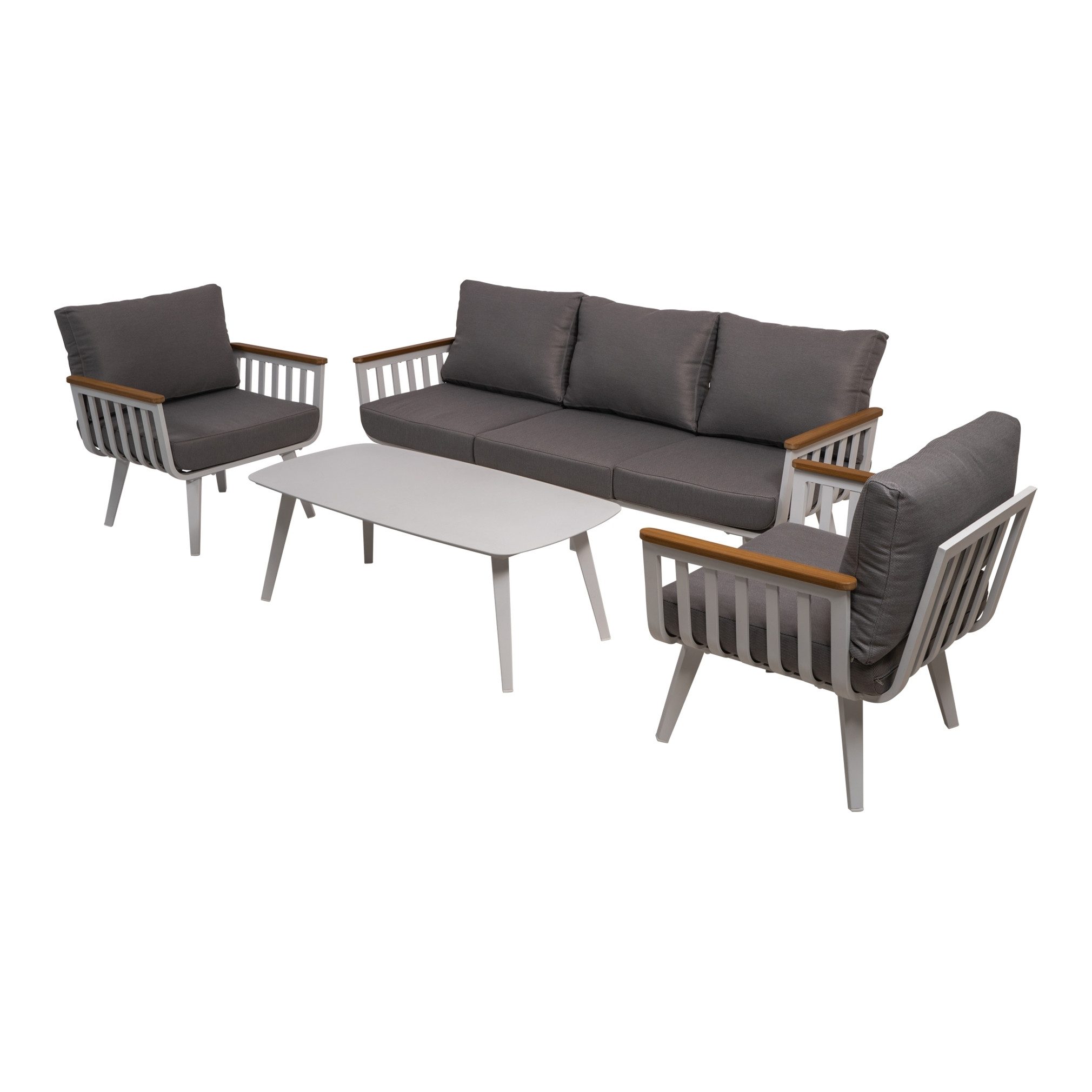 Loungeset 3-Sitzer, 2 Sessel, Tisch, mit Kissen, Alu mattweiß / Anthrazit