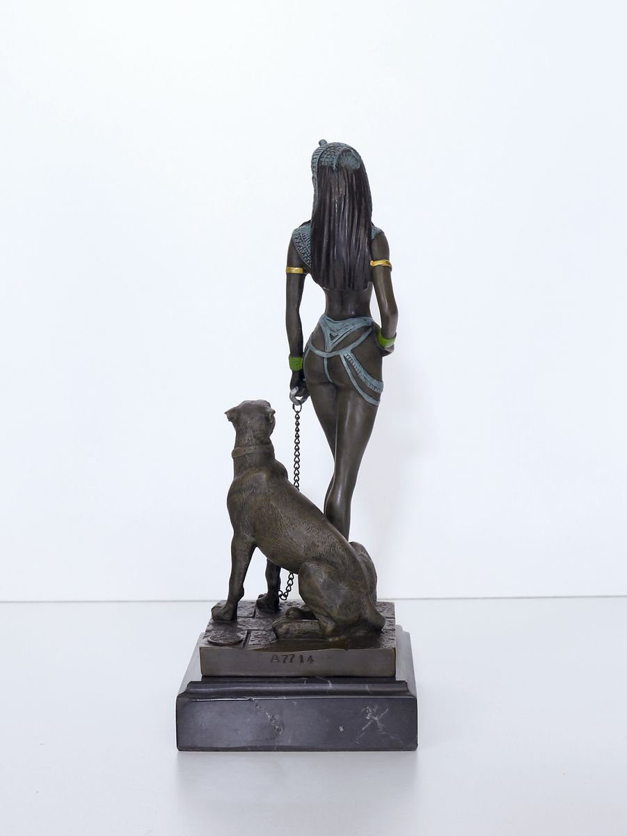 AFG Dekoobjekt Bronze Figur Cleopatra mit auf Panther Marmorsockel