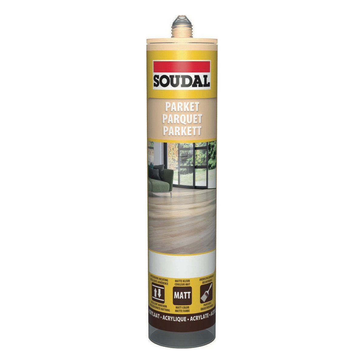 SOUDAL Dichtstoff Parkett Acryl - für Parkett Laminat Kork und Sockelleisten - 290ml, Acrylatdispersion, Gebrauchsfertig, Parkett Dichtstoff – schleifbar & überlackierbar - Buche