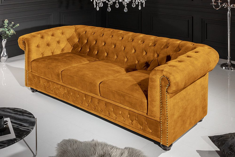 riess-ambiente Sofa CHESTERFIELD 205cm senfgelb -Samt, Federkern, Knopfheftung, Ziernieten, Einzelartikel 1 Teile, 3-Sitzer Couch mit Rundum-Bezug - ideal für Gästezimmer & Wohnzimmer