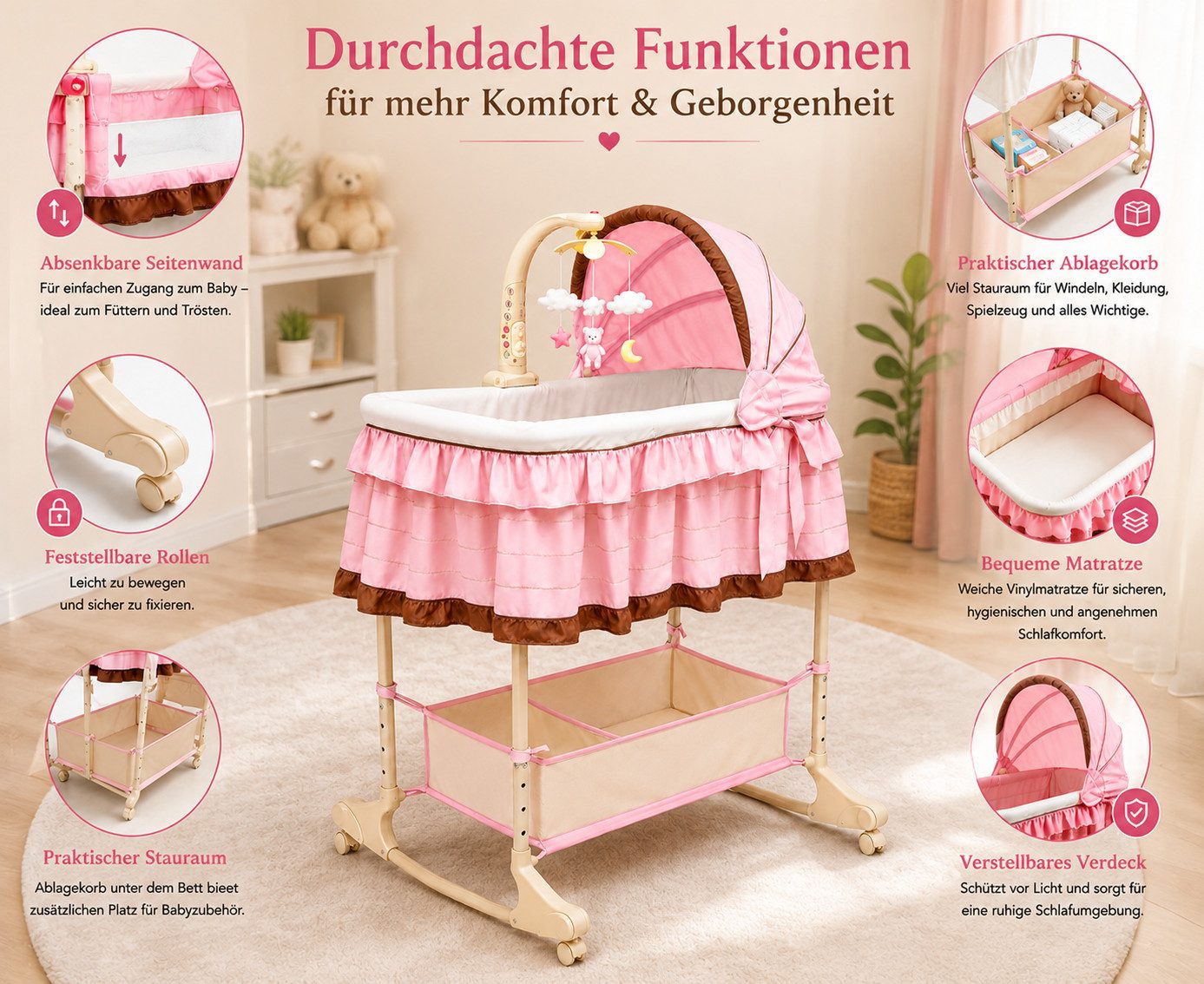 Best for Kids Stubenbett Babybett mit Metallrahmen, Melodie, Matratze&verstellbarer, 6-tlg., 4-in-1 Funktion, Schaukelmodus, Musikmobile, Nachtlicht