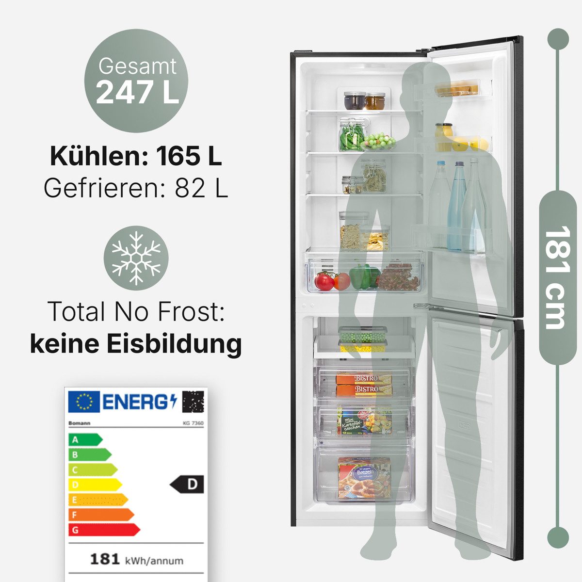 BOMANN Kühl-/Gefrierkombination KG 7360, 181 cm hoch, 54.5 cm breit, 181cm Kühl-/Gefrierkombination, Total No Frost