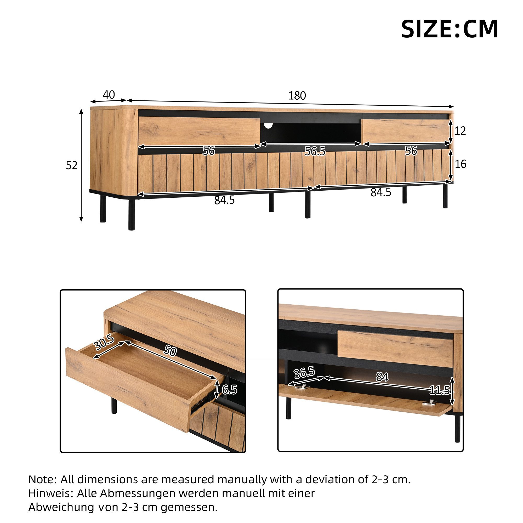 KLAM HOME Lowboard Moderner TV-Schrank 180cm Natur/Schwarz mit Schubladen & Türen (TV Lowboard für 75-Zoll-Geräte mit Metallfüßen und Saugroboter-Abstand), Stauraumreiches Unterhaltungszentrum aus MDF mit Lamellenfront