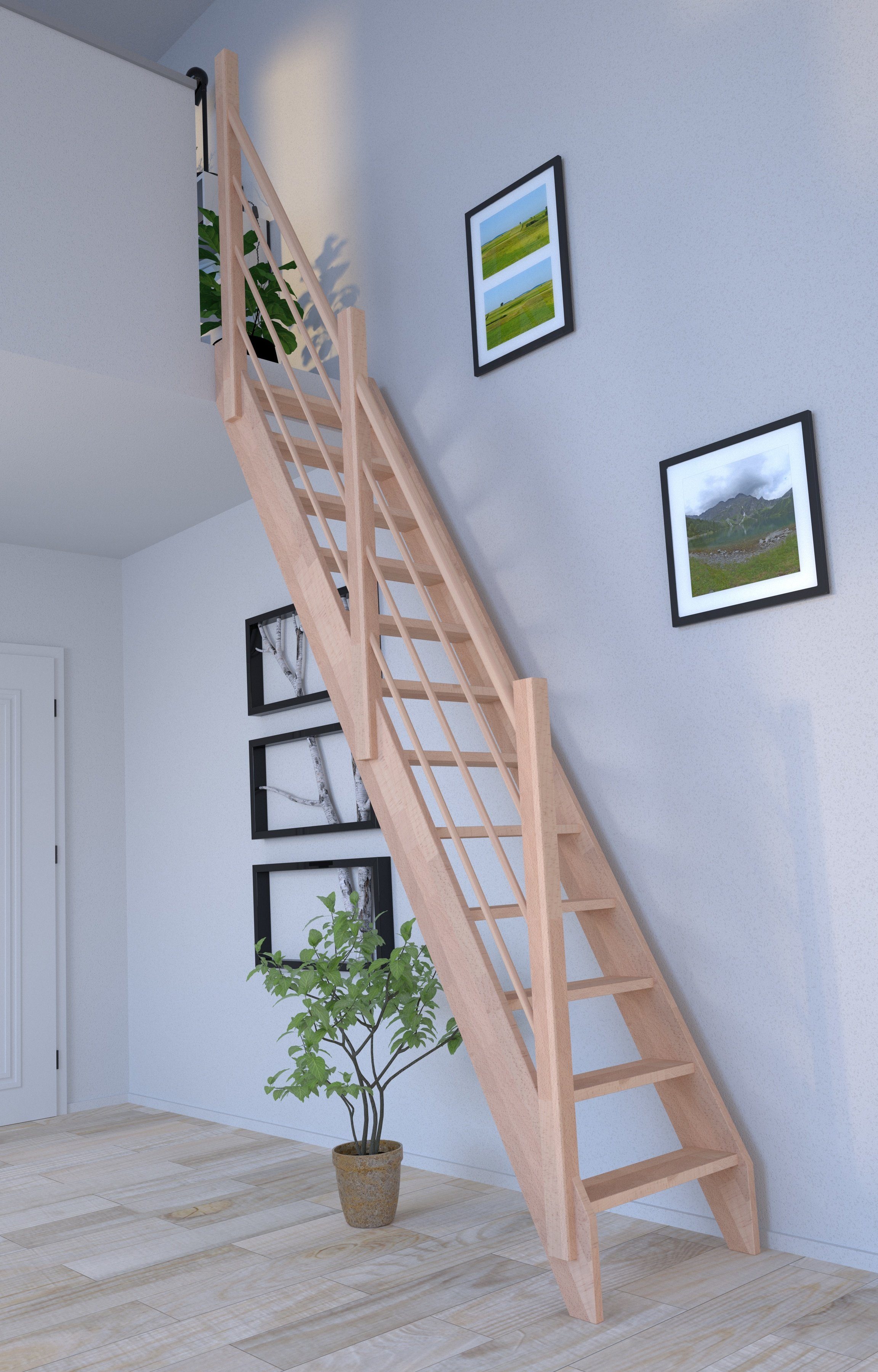 Starwood Raumspartreppe Buche Links, 3000, Design Holz-Holz Durchgehende Geländer Wangenteile offen, Stufen