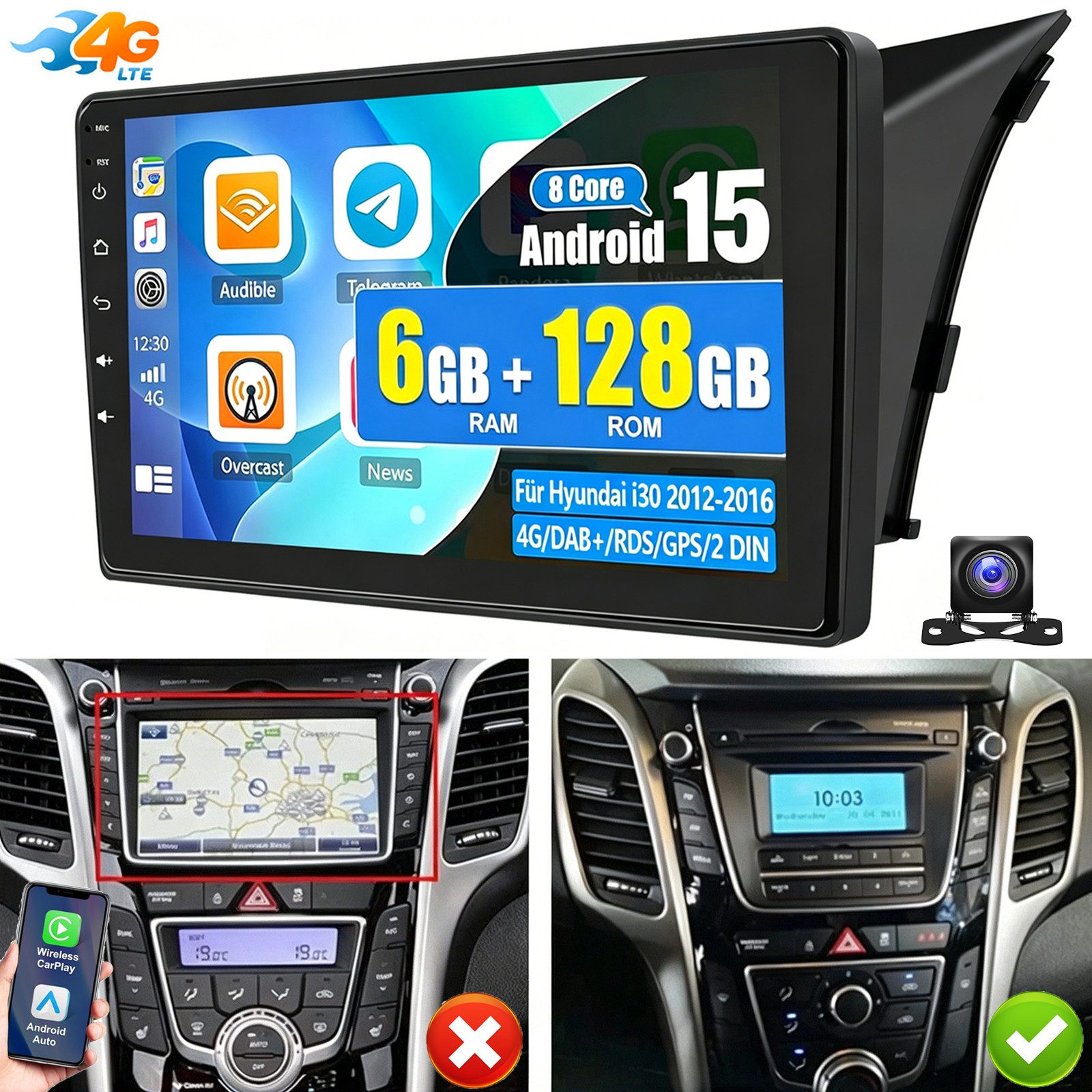 ESSGOO DAB+ 6+128G 8Core Android 15 Autoradio Carplay Für Hyundai i30 2012-16 Autoradio (RDS, Digitalradio (DAB), FM, AM, 6+128G, Carplay Android Auto Bluetooth EQ USB GPS Navi WIFI Touchscreen)