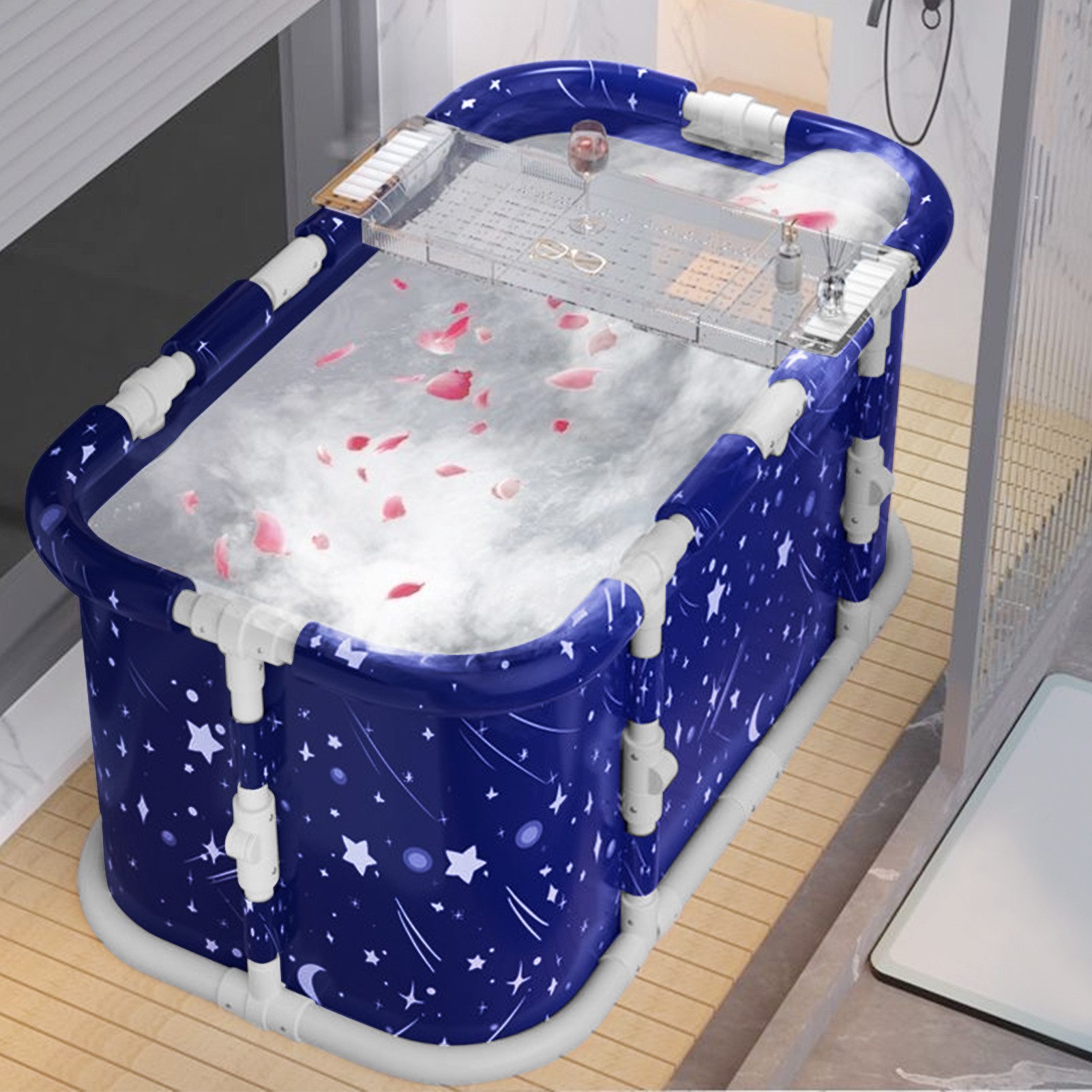 Rutaqian Badewanne Faltbare Badewanne, Erwachsene Tragbarer mit Metallrahmen, (Badewanne Kann Frei Eingebaut Werden mit Abdeckung,Verdickt,Einziehbar, 1-tlg), Großer Familie Badewanne für SPA, Dampfeimer für Sauna, Eisbad