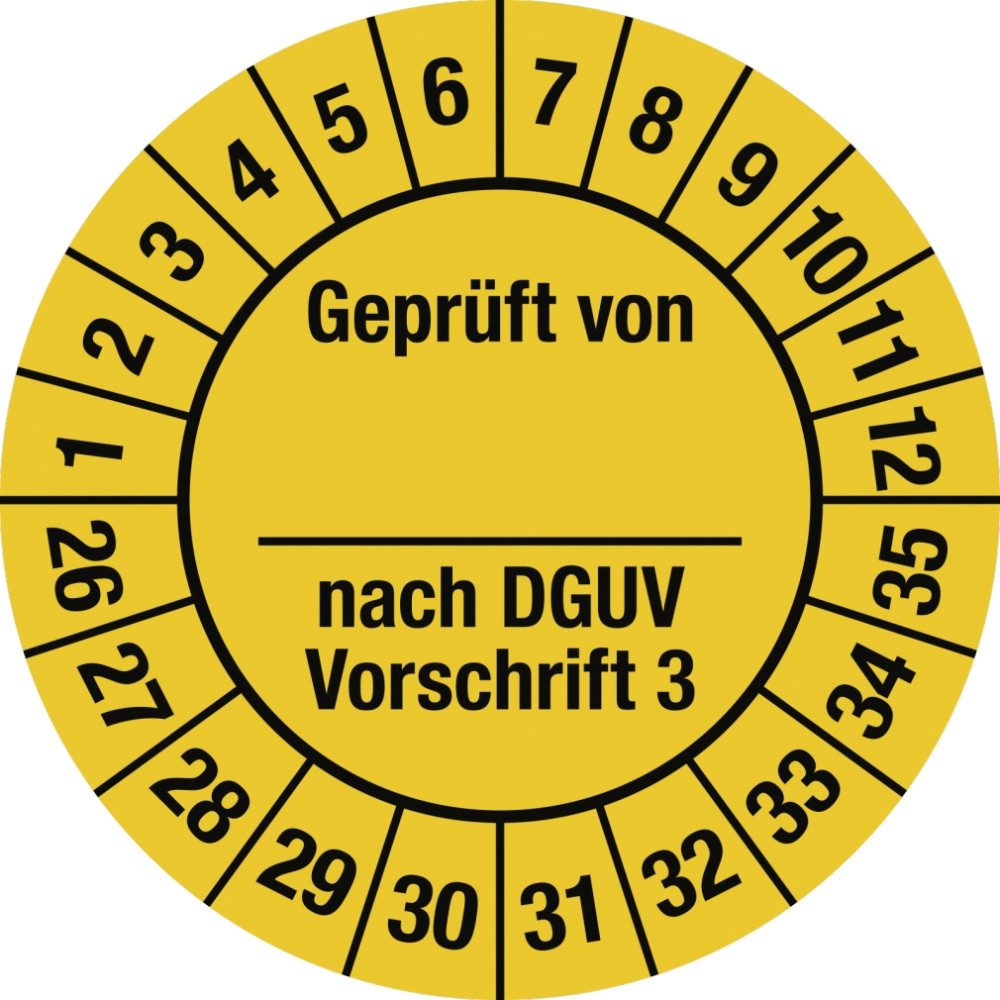 Hinweisschild Prüfplakette Geprüft...DGUV Vorschrift 3, 2026-2035, Folie, Ø 25 mm, 1