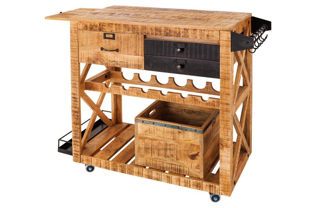 riess-ambiente Barschrank BODEGA 86cm natur/schwarz - Mango, Servierwagen, Weinregal, Stauraum (Einzelartikel, 1-St) Beistellwagen aus Massivholz - ideal für Küche, Esszimmer oder Hausbar