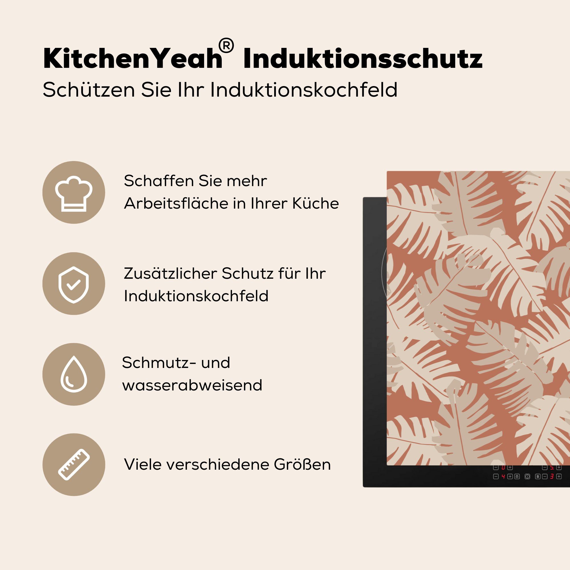 MuchoWow Herdblende-/Abdeckplatte Sommer küche, cm, für Vinyl, Induktionskochfeld Blätter Ceranfeldabdeckung Braun, die 81x52 (1 - - tlg), Schutz