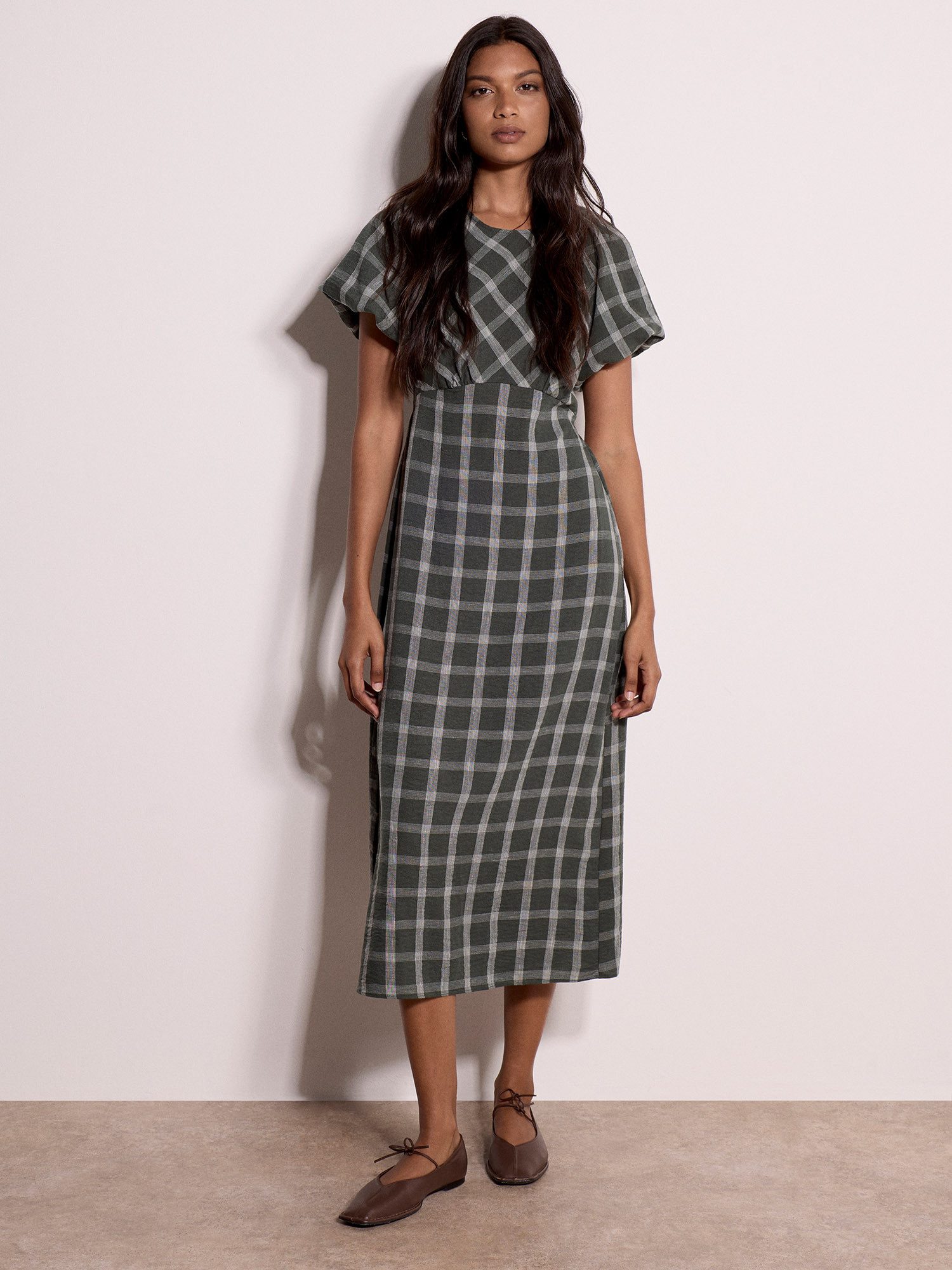 Apricot Midikleid Karomuster-Midaxi-Kleid mit Puffärmeln