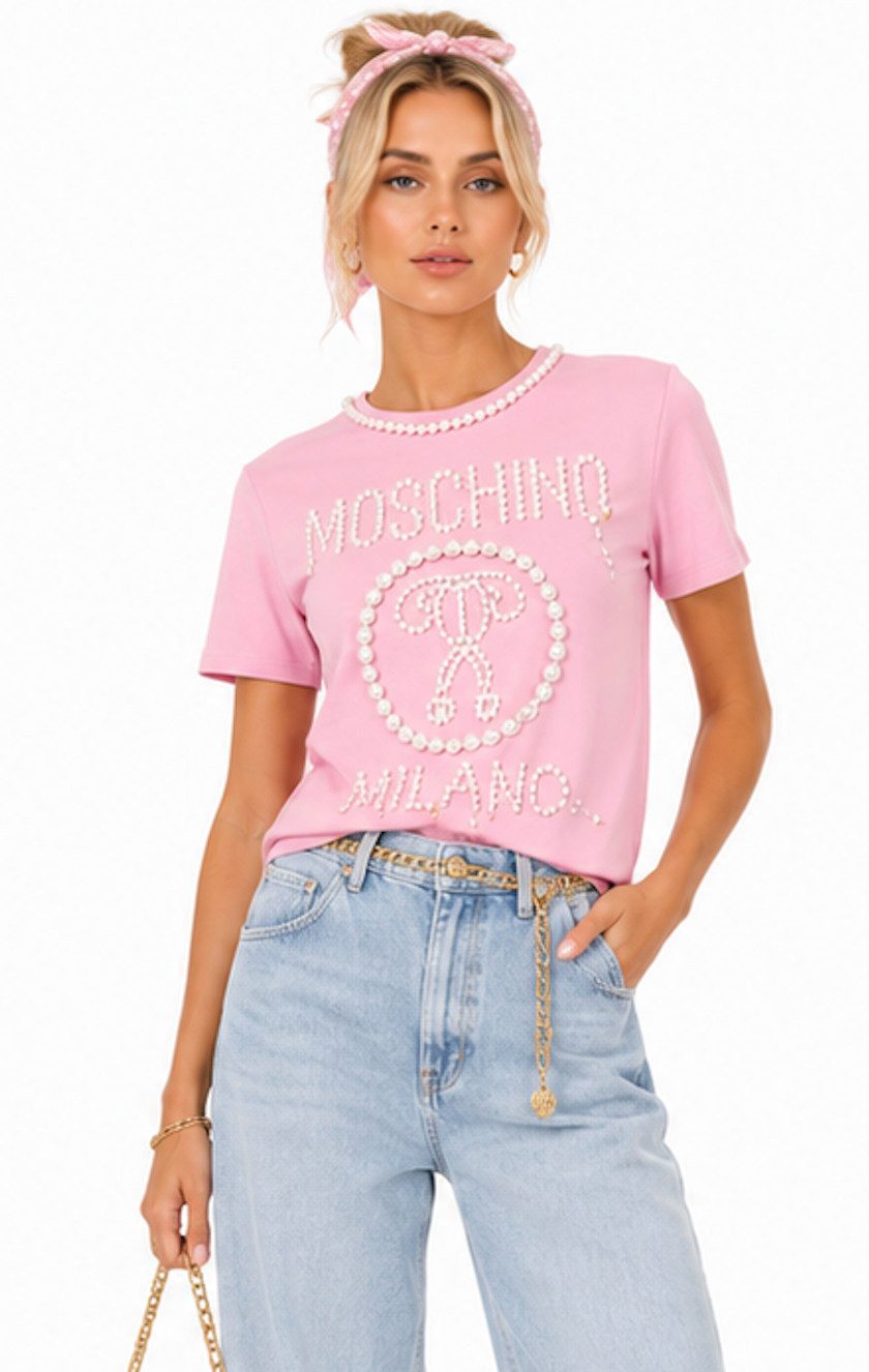 Moschino T-Shirt COUTURE Milano mit Faux Perlen Top Dekorativer Perlenbesatz am Rundhalsausschnitt