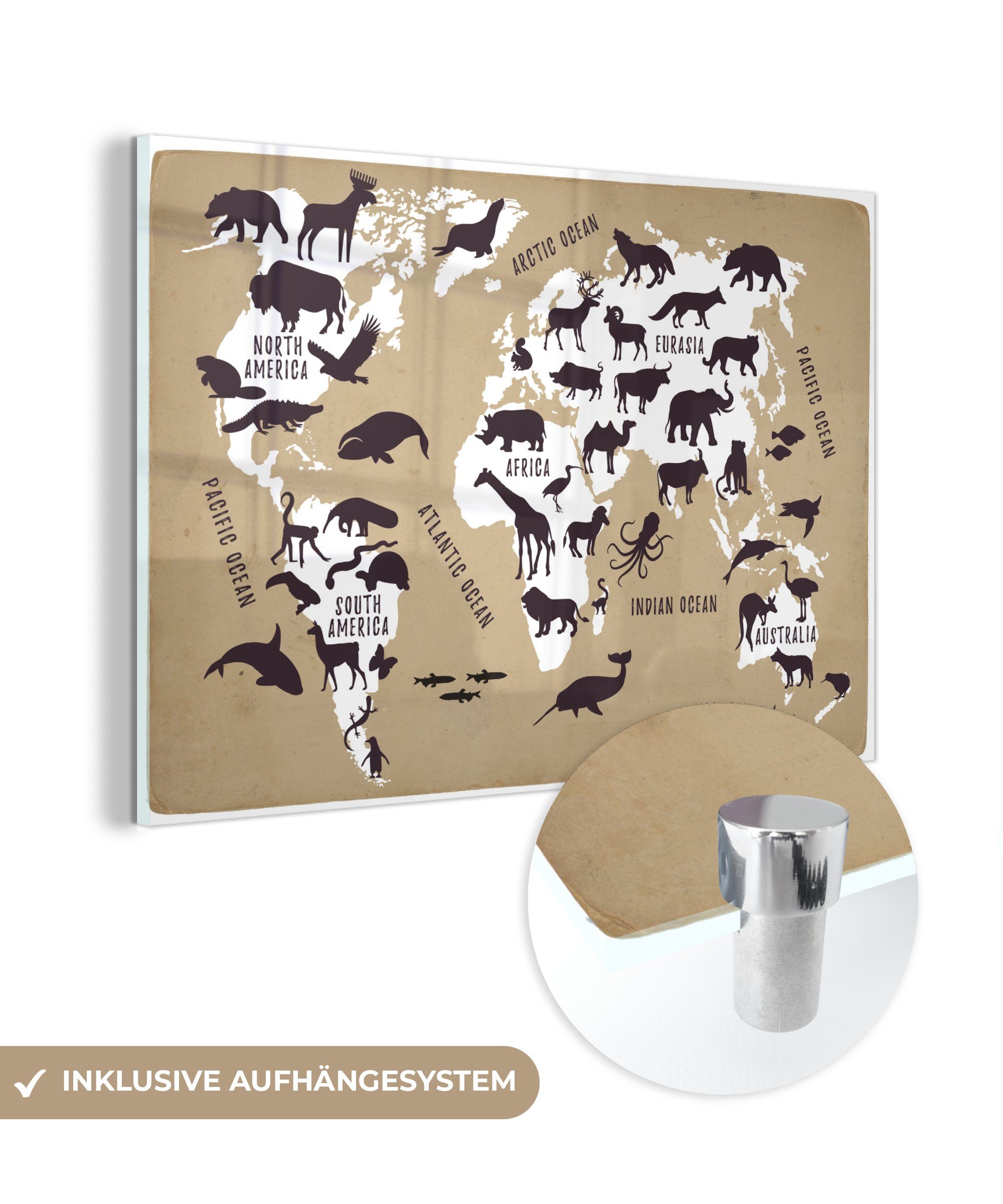 MuchoWow Acrylglasbild Weltkarte - Sepia - Tiere, (1 St), Glasbilder - Bilder auf Glas Wandbild - Foto auf Glas - Wanddekoration