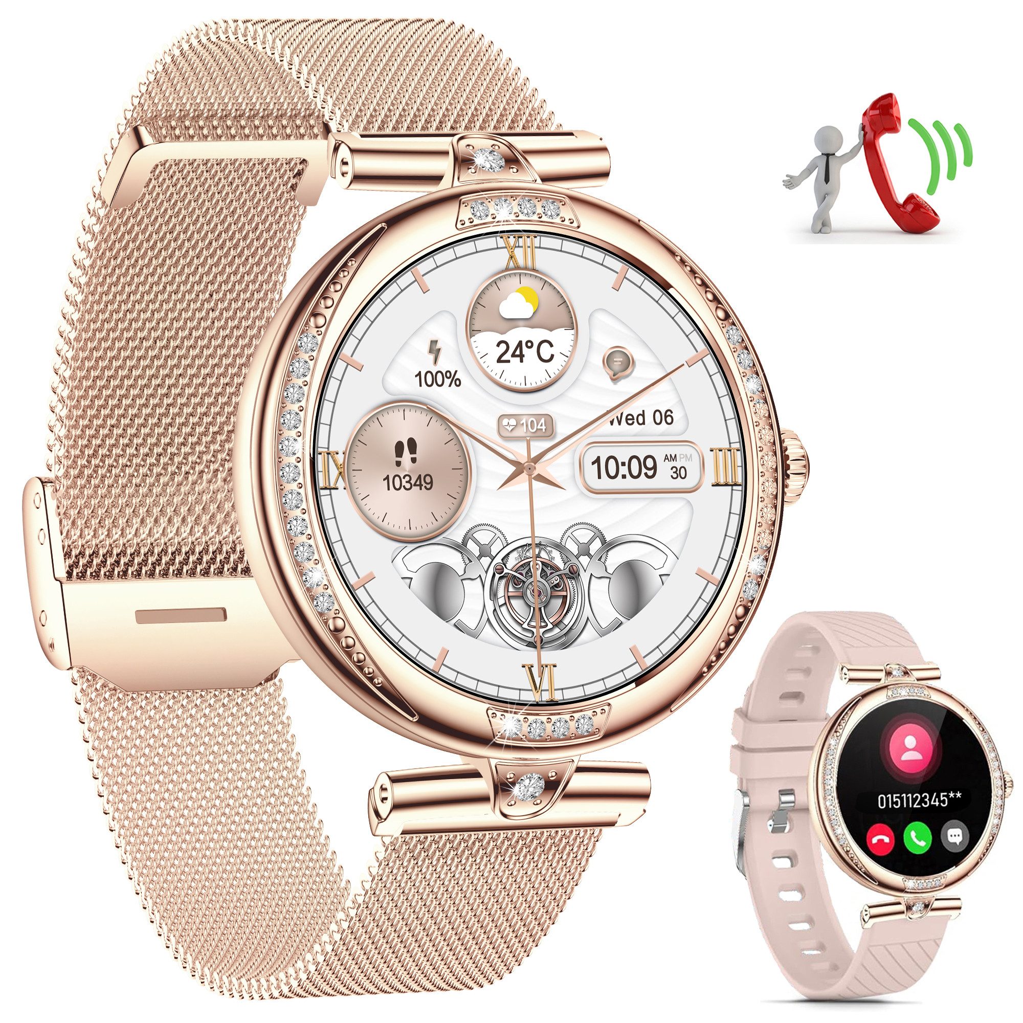 BEKOMIYA Smartwatch, Fitness Tracker Uhr für Damen mit Anruffunktion Smartwatch (3.3 cm/1,3" HD Full FarbbildschirmTouch Zoll) Diamant Damen Stahl Smartwatch,2 Austauschbare Armbänder, IP68 Wasserdicht Fitness Tracker Smart Watch, Frauengesundheit,Blutsauerstoff,Herzfrequenz,Blutdruckmessung usw
