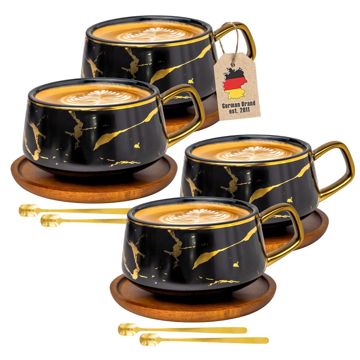 Intirilife Tasse, 4-tlg., Keramik, 4x Kaffeetasse Teetasse Keramik 200ml Tassen Set Untersetzer Becher