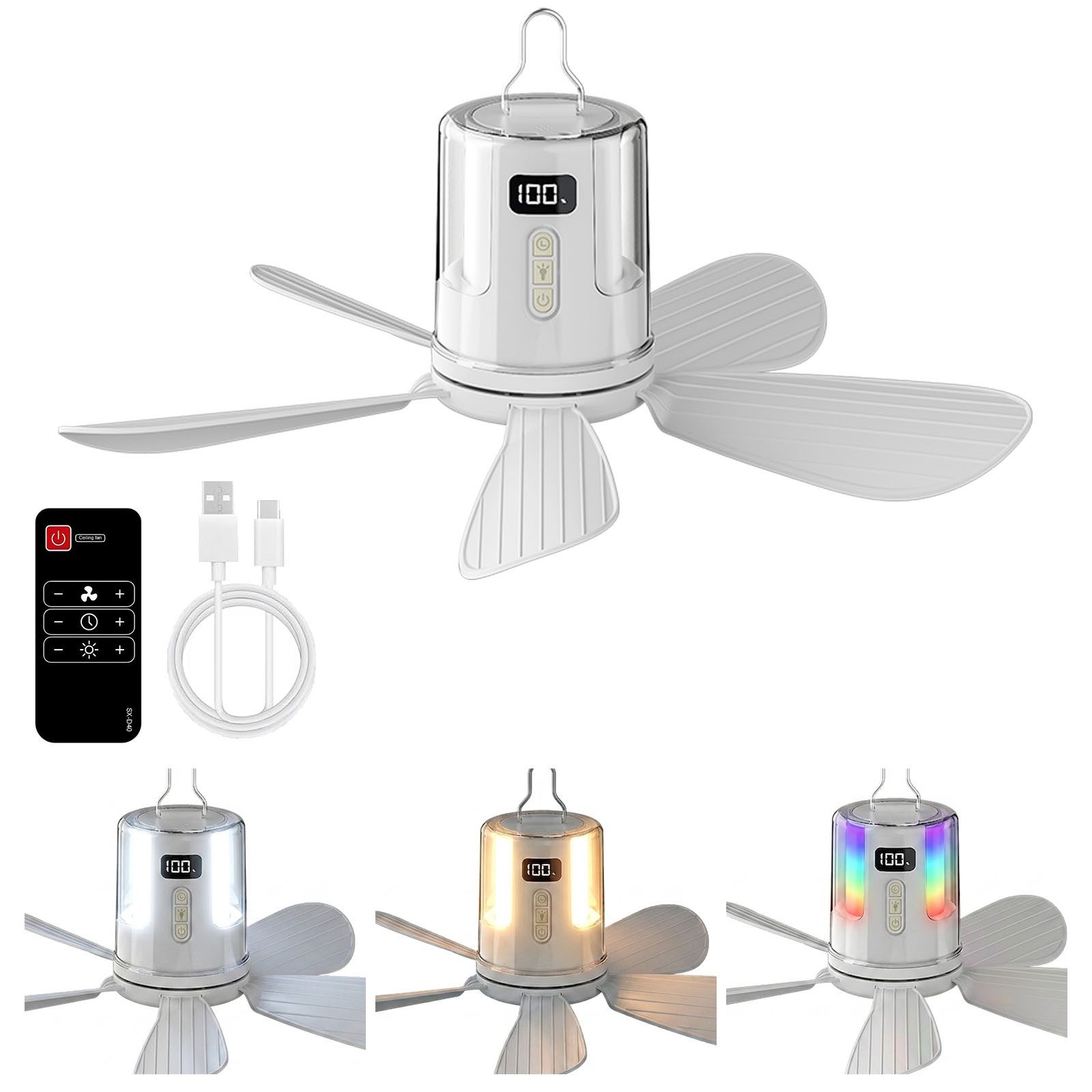 QUBEBU Deckenventilator 10800 mAh Akku Deckenventilator mit Beleuchtung Camping Zelt Terrasse, Ventilator mit Licht, Fernbedienung, Haken, 4 Geschwindigkeitsstufen