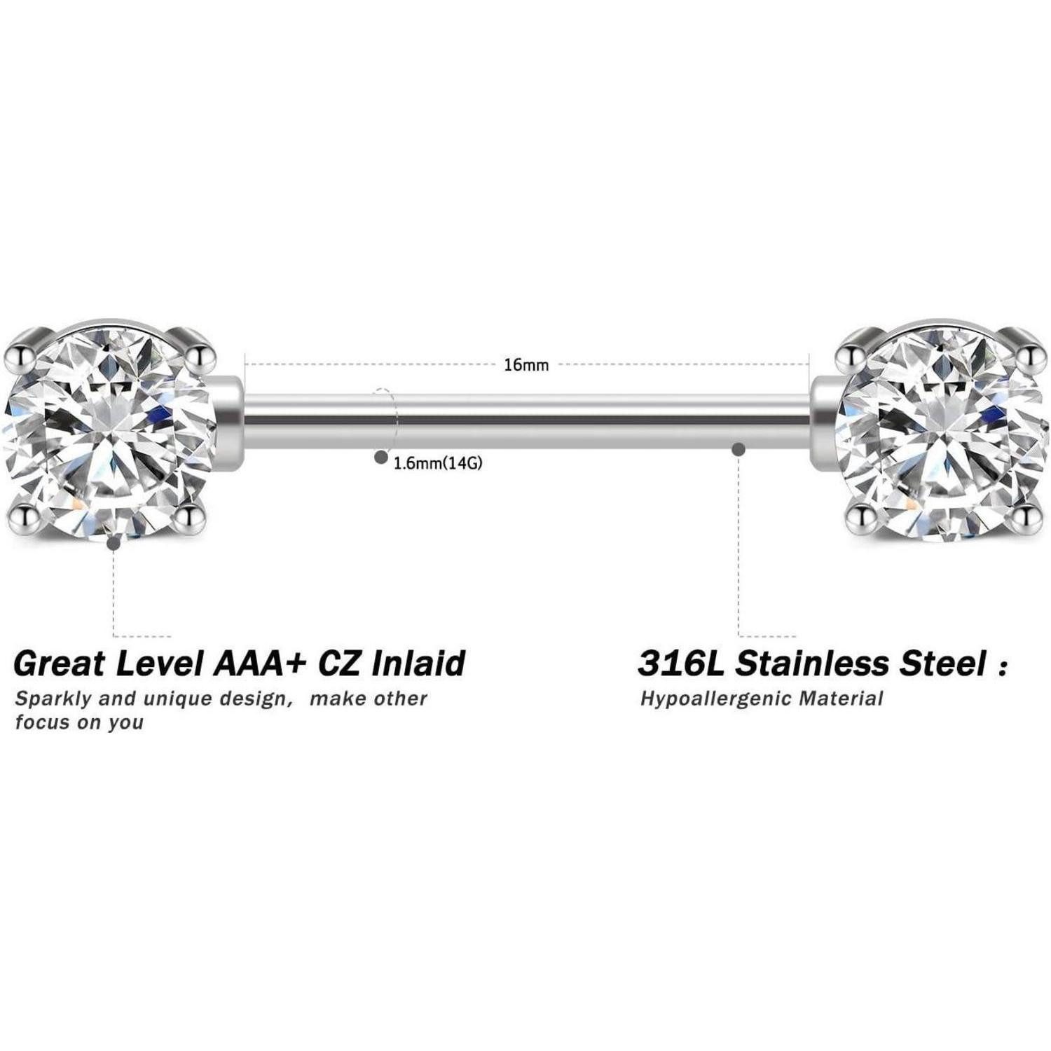 LuxusKollektion Brustwarzenpiercing Nippelpiercing Chirurgenstahl 14G 16mm Brustwarzenpiercing Silber