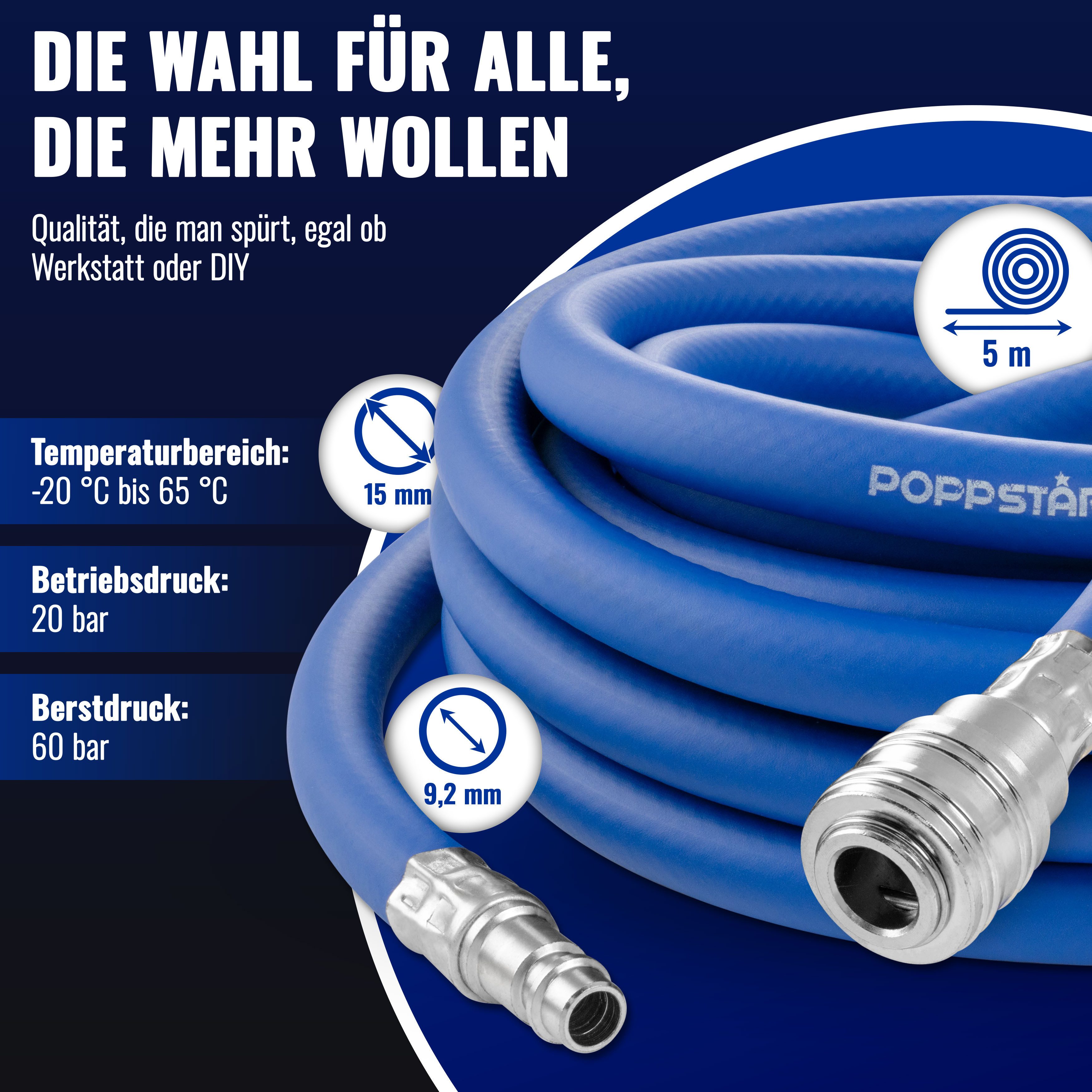 Poppstar Druckluftschlauch Premium Hybrid PVC mit Gewebeeinlage, (Innendurchmesser 9,2mm) mit Schnellkupplungen, bis 20 bar