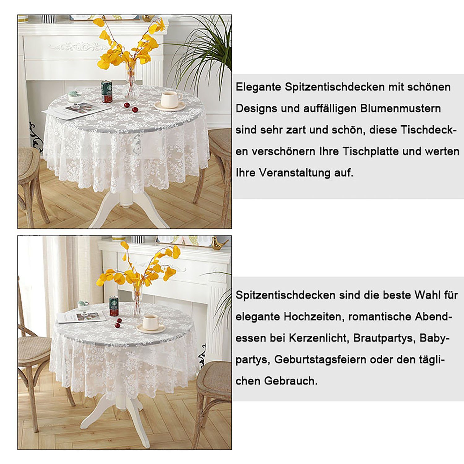 MAGICSHE Tischdecke Vintage Runde Spitzen (1-tlg) Wellenschliff Tischdecke Weiß-1 mit