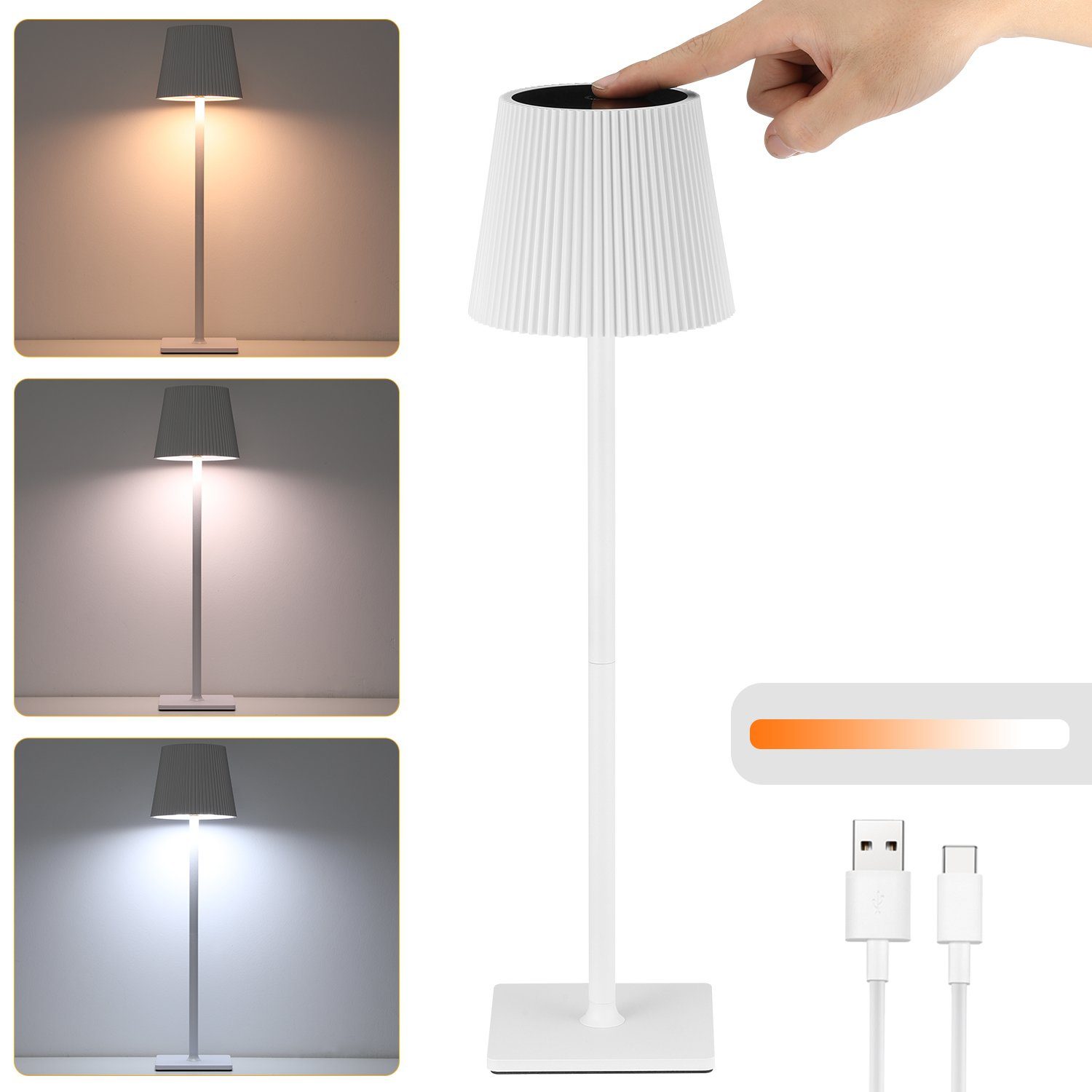 WILGOON Tischleuchte Tischlampe Kabellos,LED Touch-Dimmbare 3 Farben Akku tischleuchte, LED fest integriert, Kaltweiß, Naturweiß, Warmweiß, IP54 Wasserdichte, Abnehmbar Tischlampe mit USB-C, für Innen und Aussen