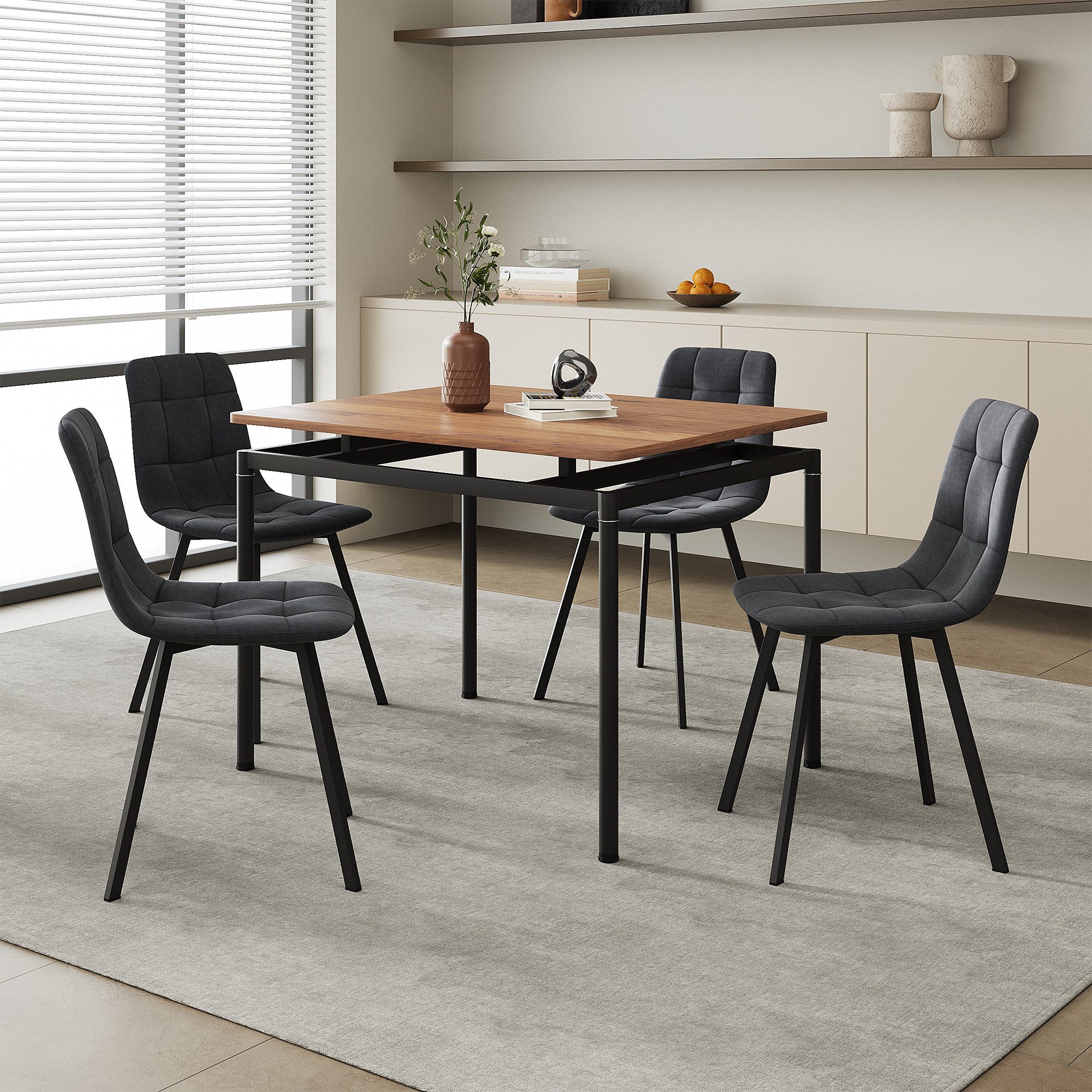 en.casa Essgruppe, (Set, 5-tlg), »Hemnes« 100 x 60 cm rechteckige Tischplatte Eicheoptik/Dunkelgrau