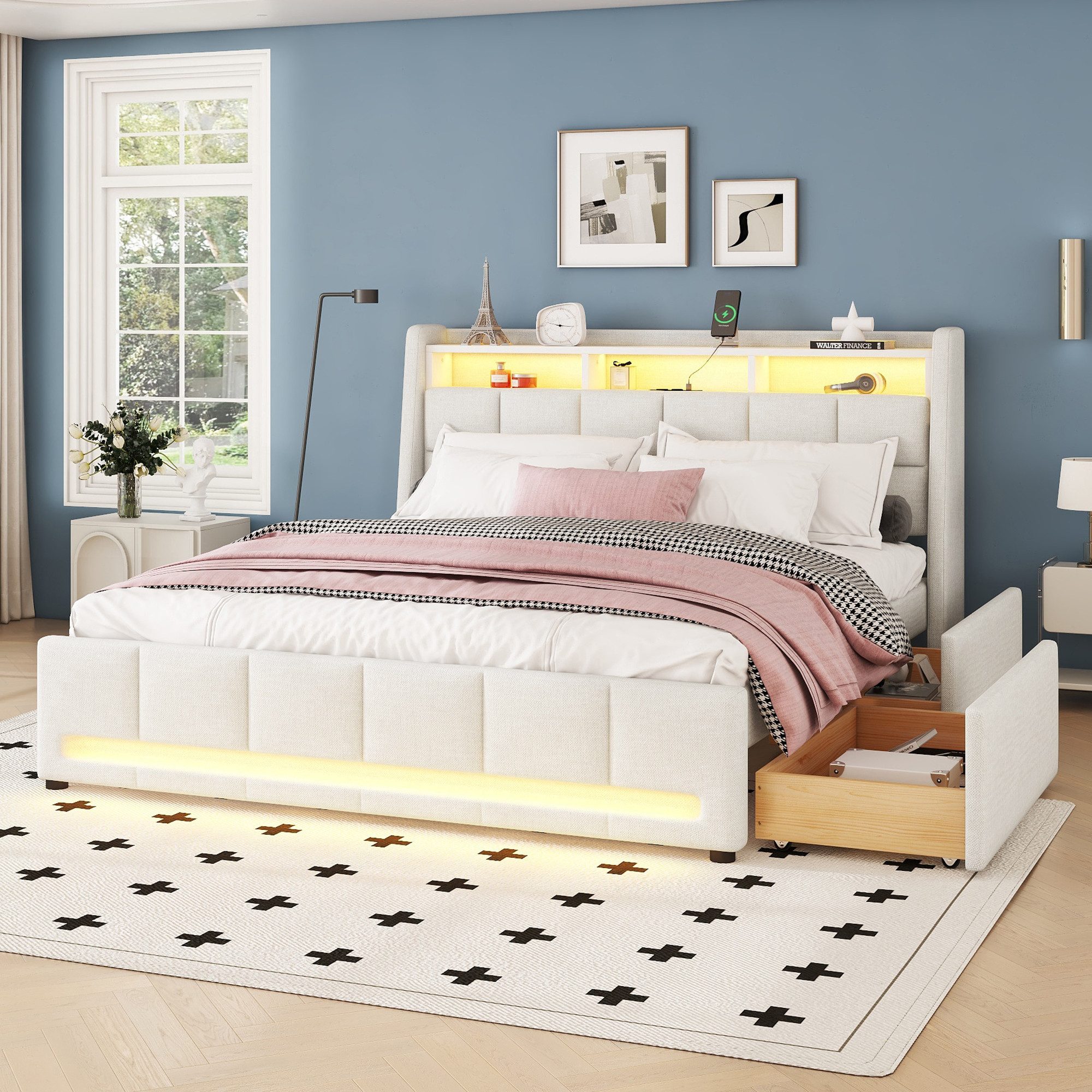 STILVORA Polsterbett Doppelbett 160×200 Stauraumbett mit Steckdosen Jugendb günstig online kaufen