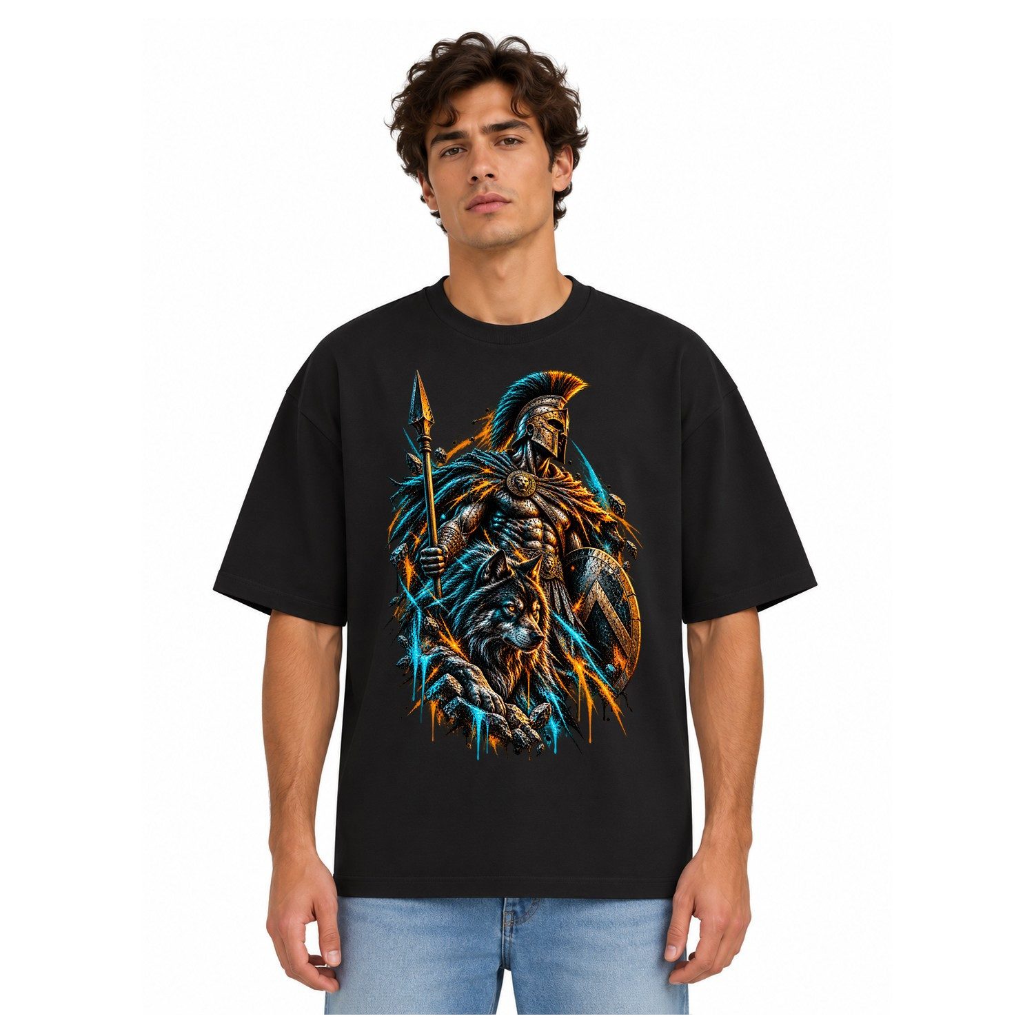 Blondie & Brownie T-Shirt Oversize T Shirt Herren Spartaner mit Wolf Speer und Schild Frontmotiv (Einzelartikel) Wolfswacht der antiken Speerlegende