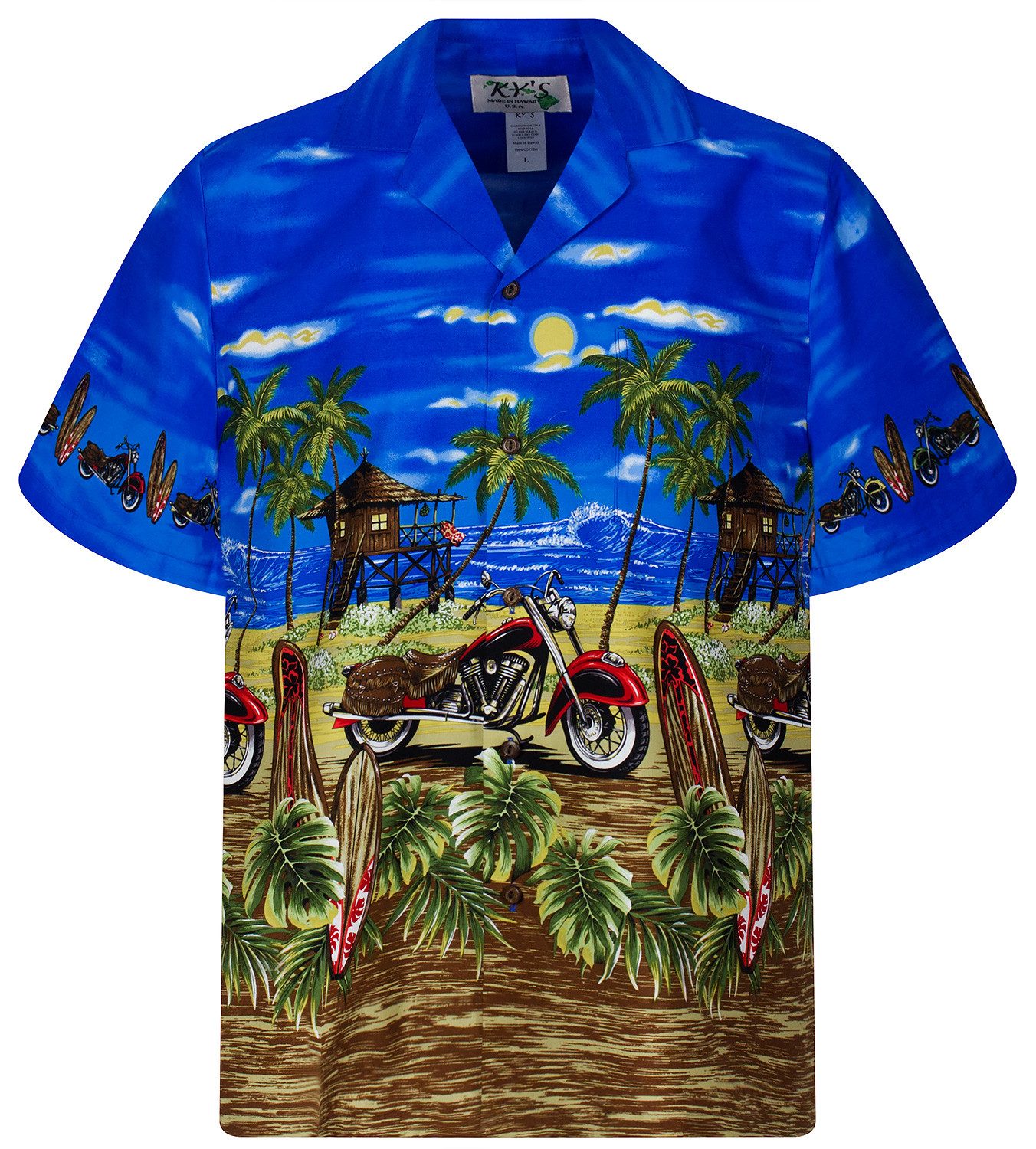 KY's Hawaiihemd "Bike" Herren Kurzarm Baumwolle Kokosknöpfe Original Hawaii