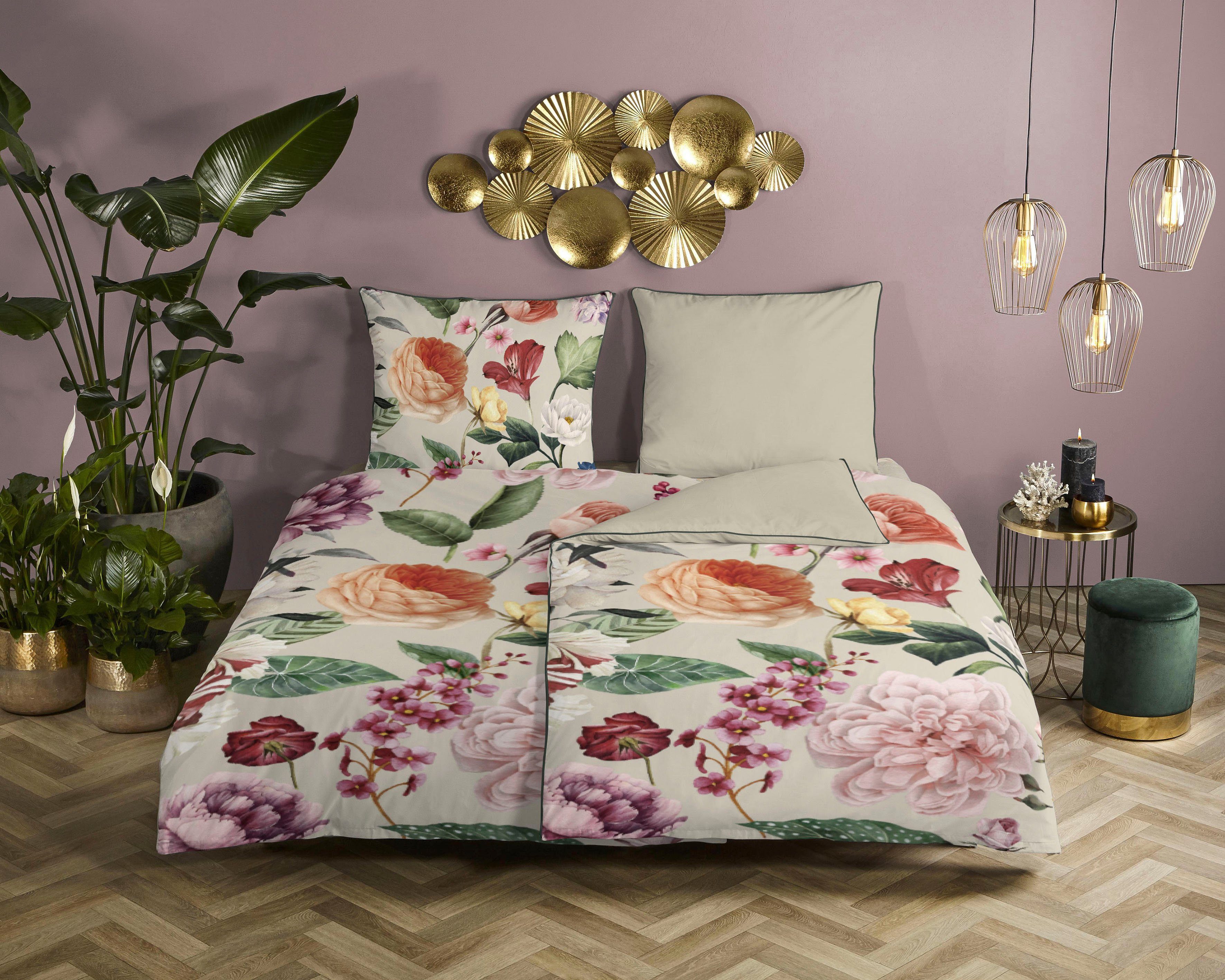 Descanso Wendebettwäsche Fiori, Satin (Bio-Baumwolle), 2 teilig, Baumwolle, Satin, 135x200, Biese, Reißverschluss, Wende, Blumen Sand